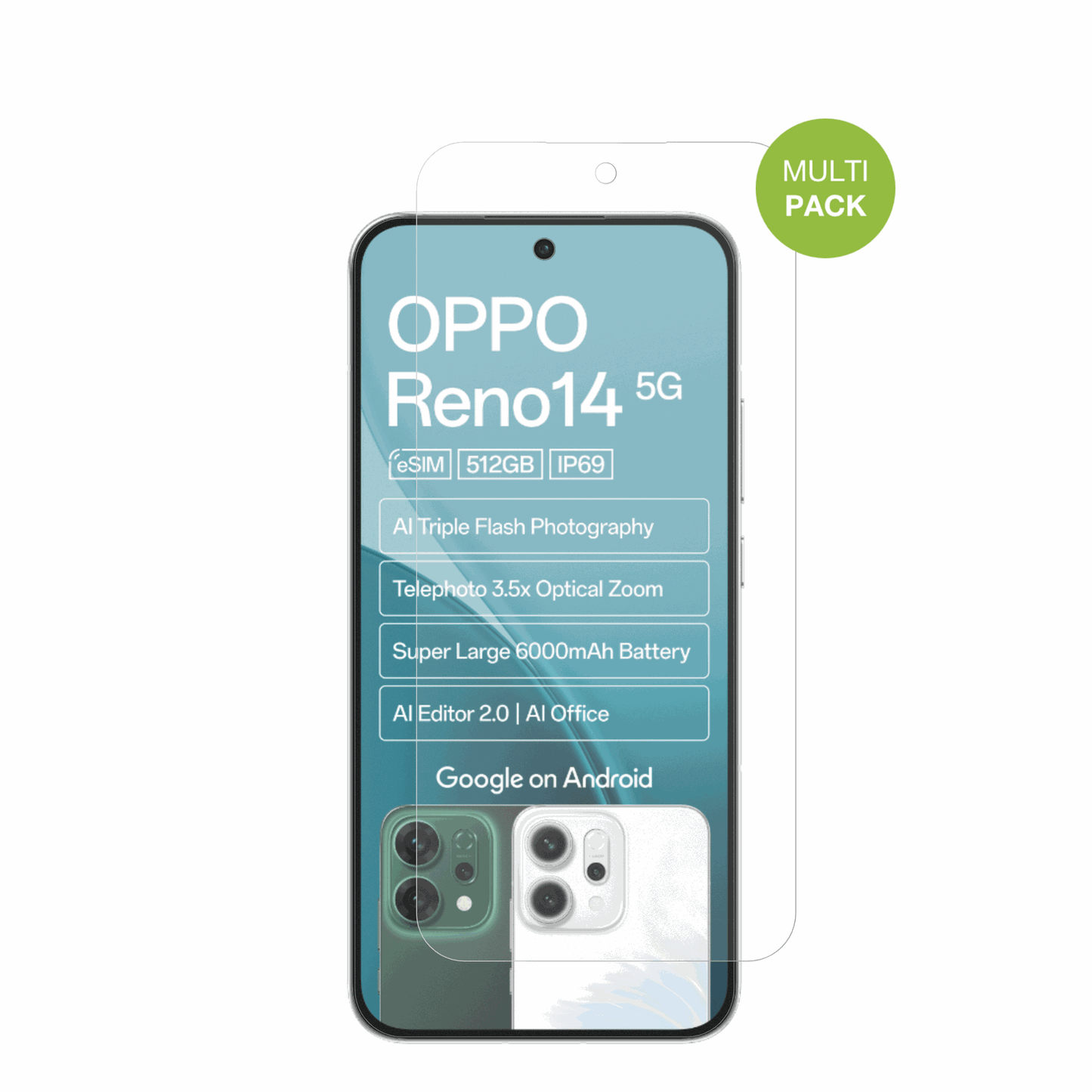 OppoReno14 5G mit aufgebrachter dipos Displayschutzfolie, die lästige Fingerabdrücke minimiert