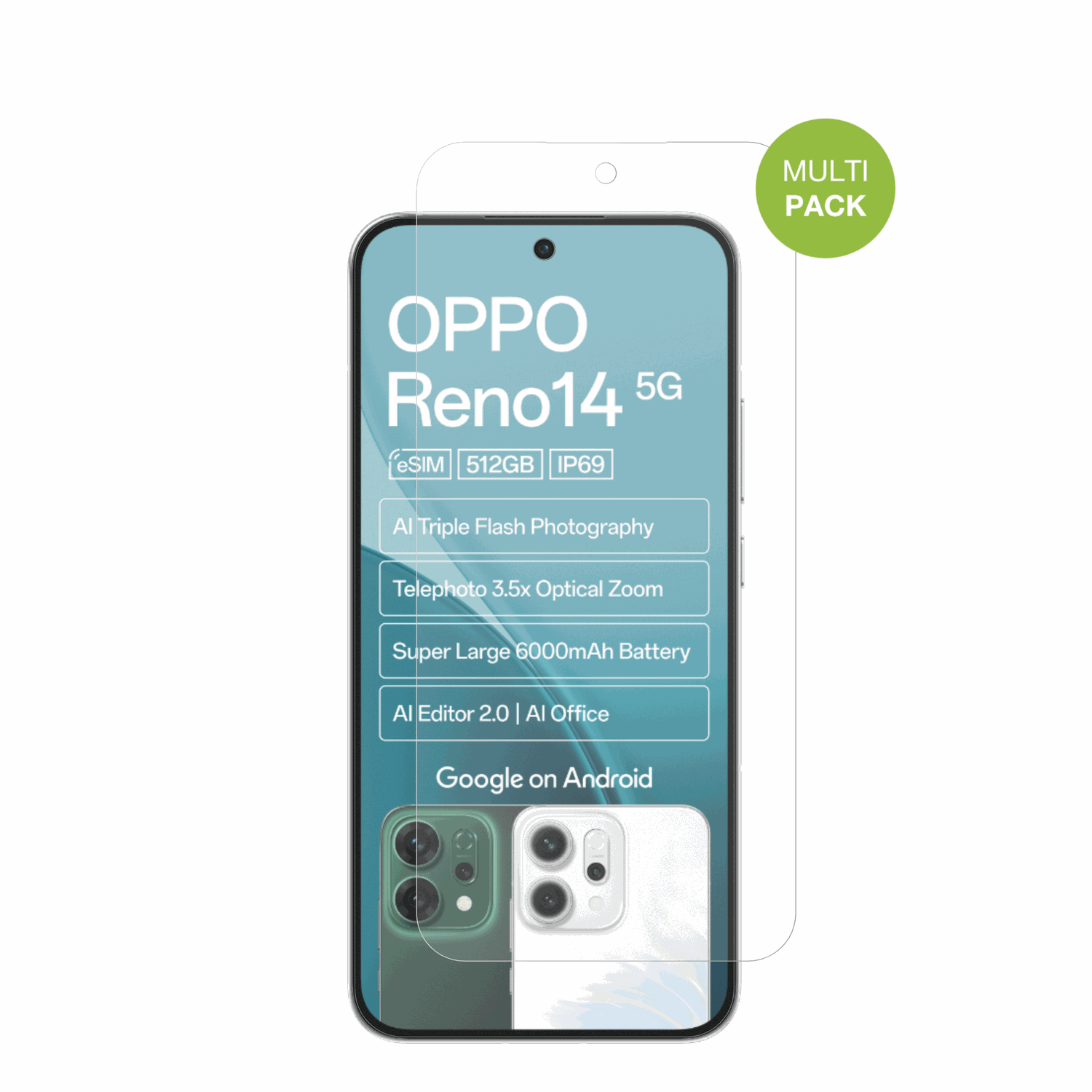 OppoReno14 5G mit aufgebrachter dipos Displayschutzfolie, die lästige Fingerabdrücke minimiert