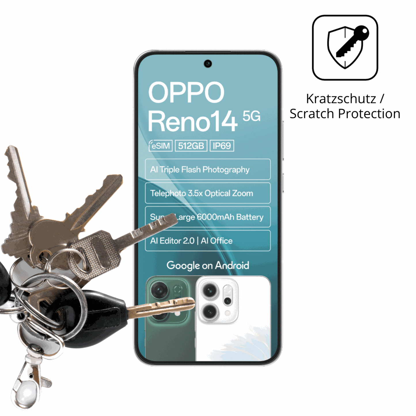 Schutz gegen Kratzer auf dem Oppo Reno14 5G Glas durch Schlüssel oder Ähnliches