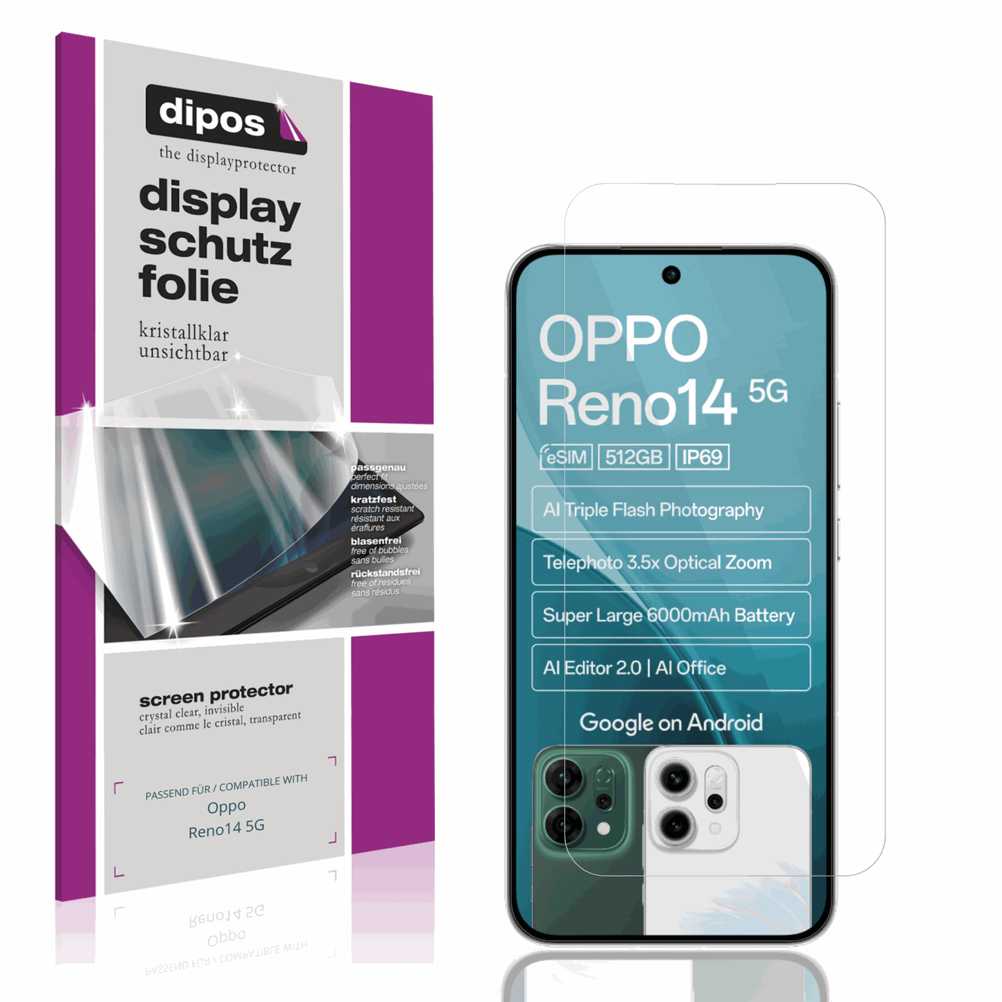 Klare Displayschutzfolie von dipos passend für Oppo Reno14 5G, präziser Zuschnitt und blasenfrei montiert