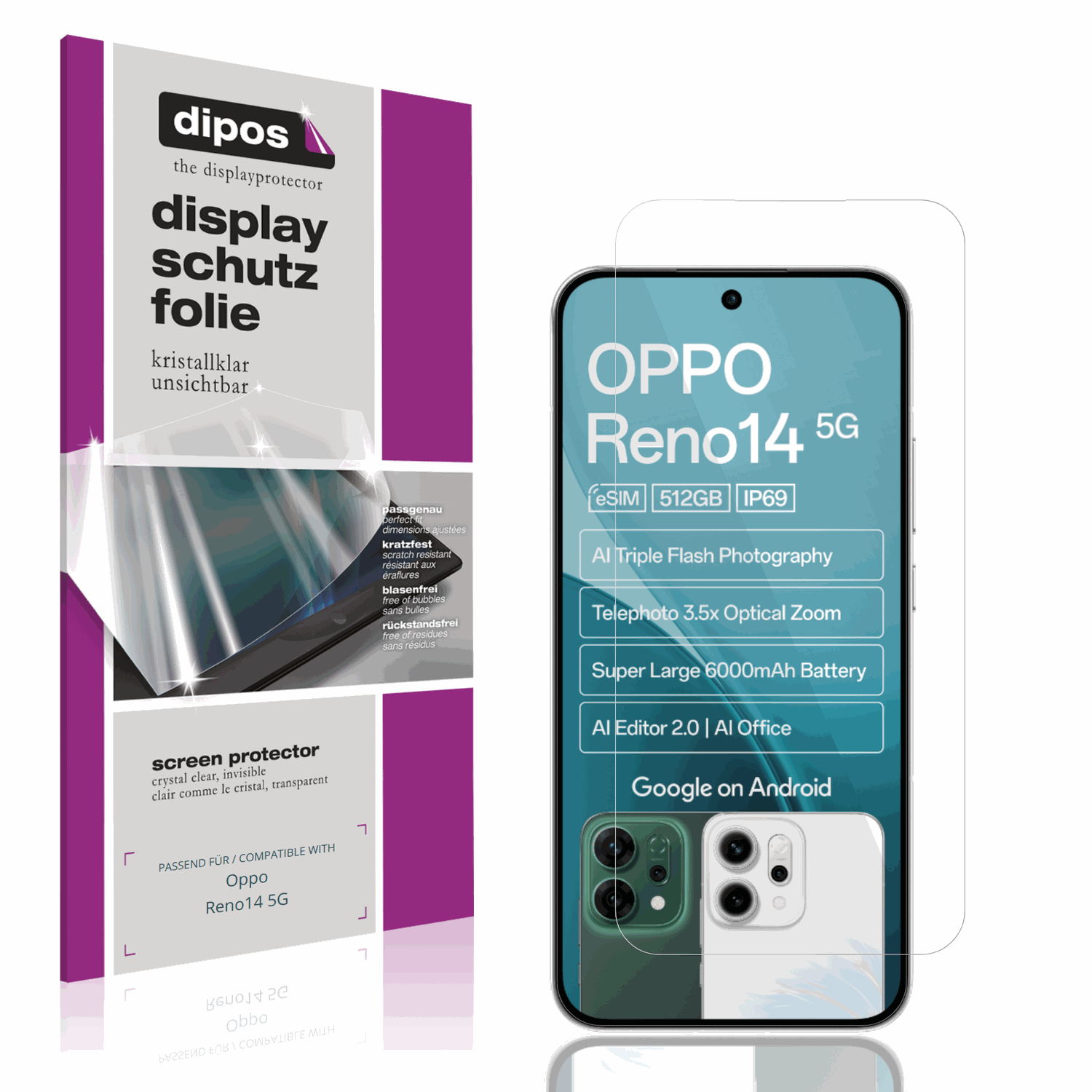 Klare Displayschutzfolie von dipos passend für Oppo Reno14 5G, präziser Zuschnitt und blasenfrei montiert