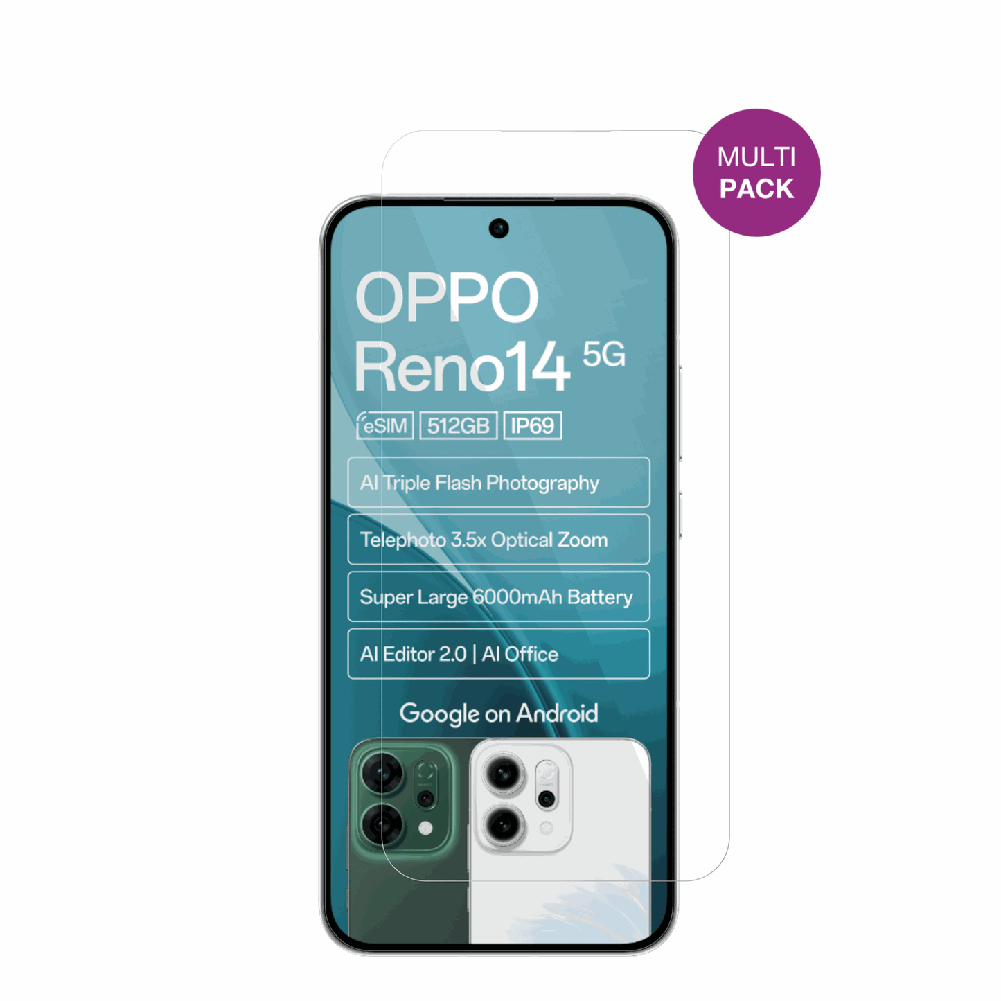 OppoReno14 5G mit aufgebrachter dipos Displayschutzfolie, glasklare Darstellung ohne Einschränkungen