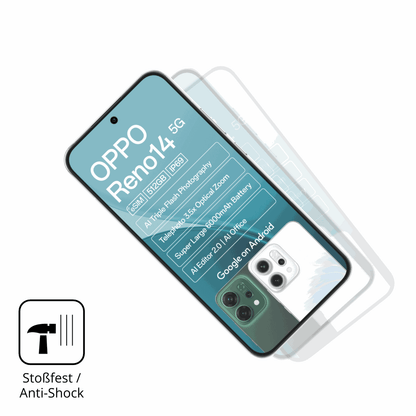 Schutz gegen Kratzer auf dem Oppo Reno14 5G Glas durch Schlüssel, Stöße gegen die Tischkante oder Stürze