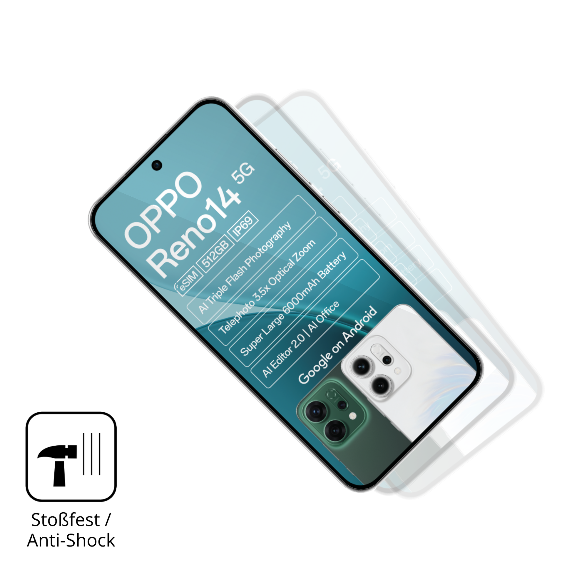 Schutz gegen Kratzer auf dem Oppo Reno14 5G Glas durch Schlüssel, Stöße gegen die Tischkante oder Stürze