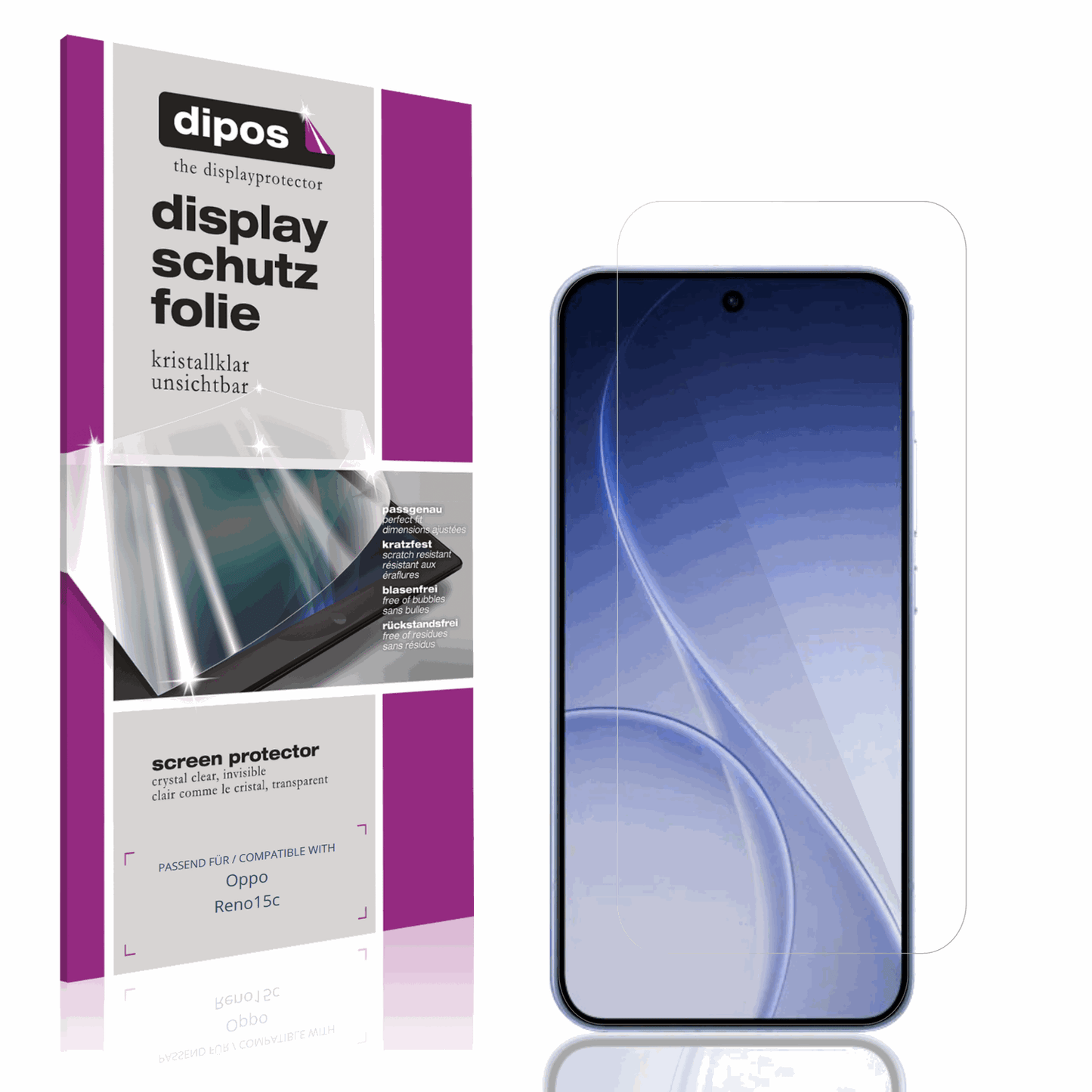 Klare Displayschutzfolie von dipos passend für Oppo Reno15c, präziser Zuschnitt und blasenfrei montiert