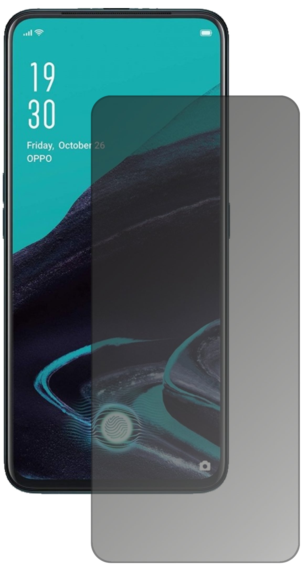 OppoReno2 F mit aufgebrachtem dipos Displayschutz, der seitliche Einblicke blockiert