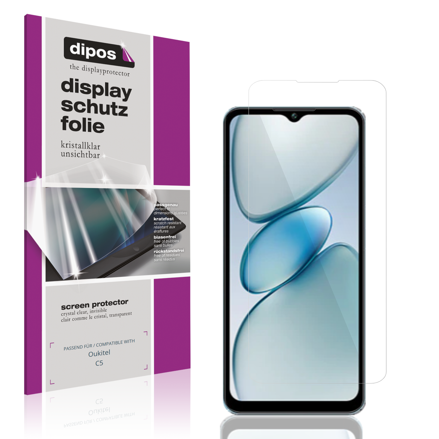 Klare Displayschutzfolie von dipos passend für Oukitel C5, präziser Zuschnitt und blasenfrei montiert