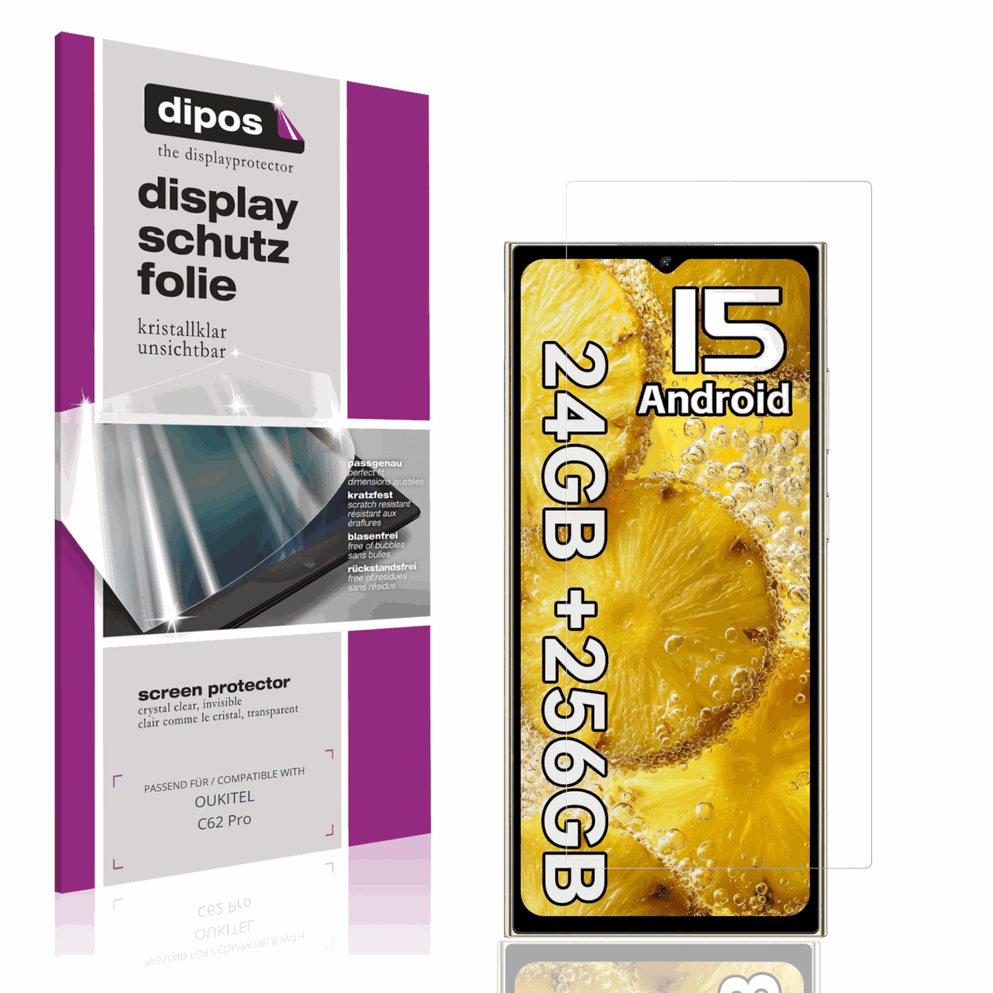 Klare Displayschutzfolie von dipos passend für OUKITEL C62 Pro, präziser Zuschnitt und blasenfrei montiert