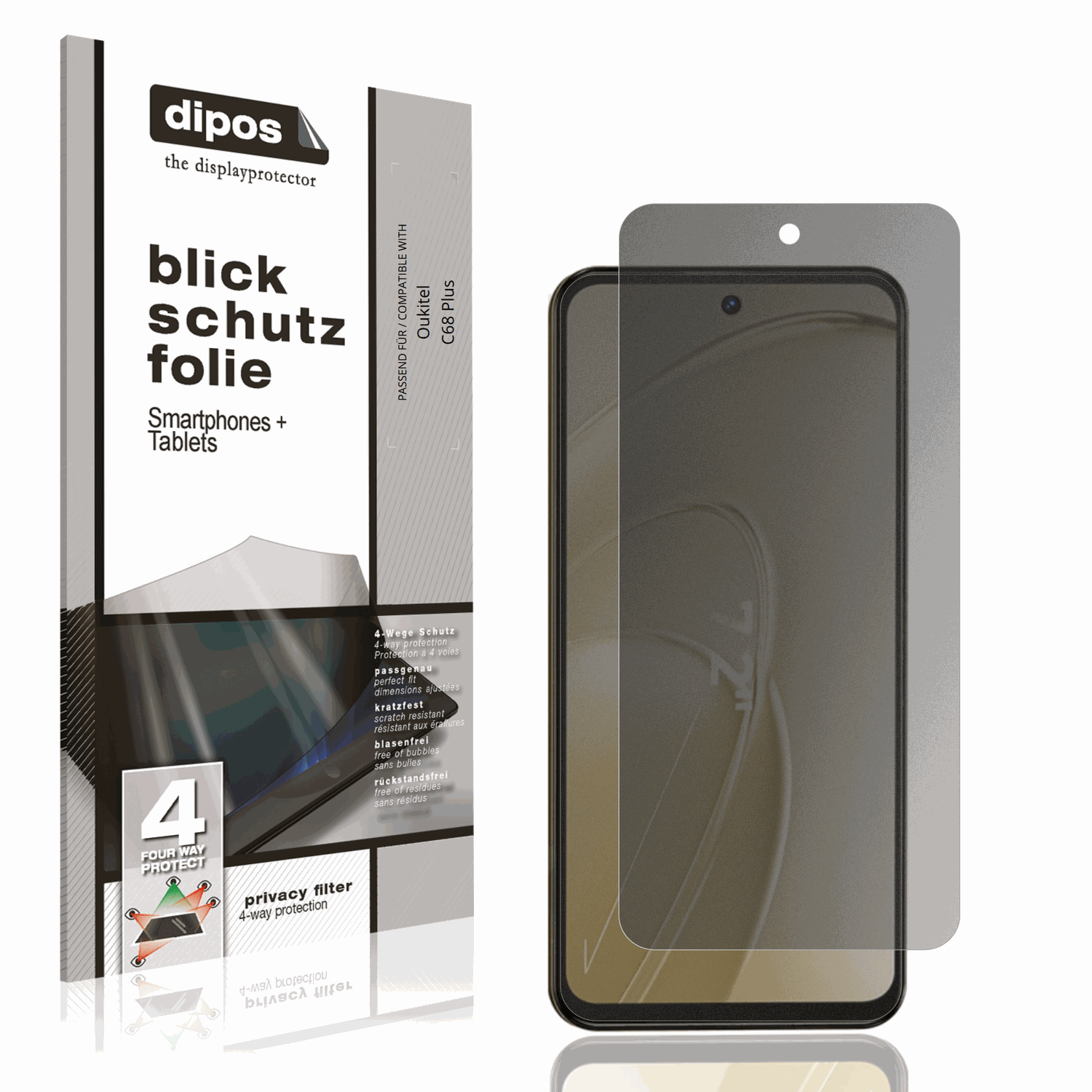 Blickschutzfolie von dipos passend für Oukitel C68 Plus, präziser Zuschnitt und blasenfrei montiert
