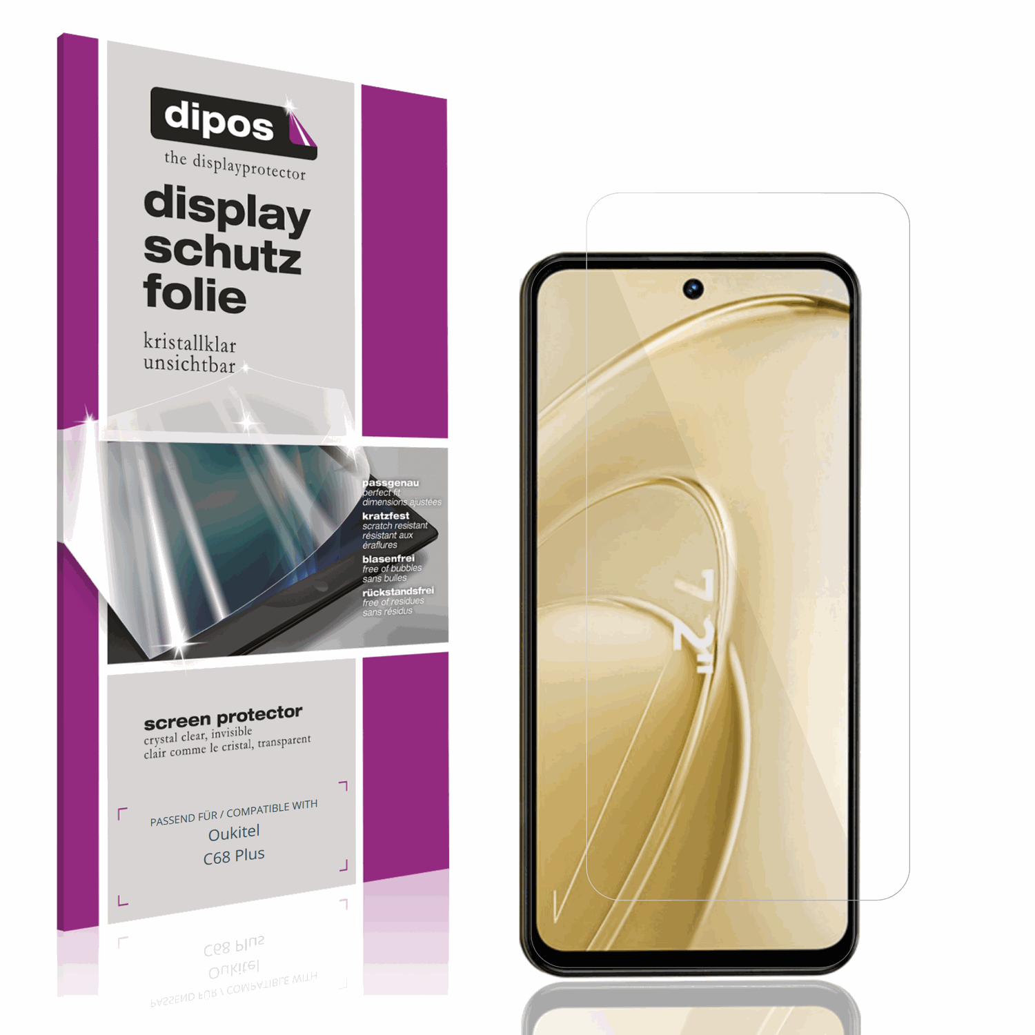 Klare Displayschutzfolie von dipos passend für Oukitel C68 Plus, präziser Zuschnitt und blasenfrei montiert