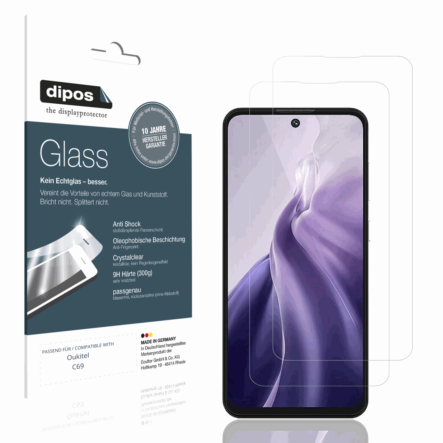 Klare Displayschutzfolie von dipos passend für oukitelc69, 9H kratzfest und blasenfrei montiert