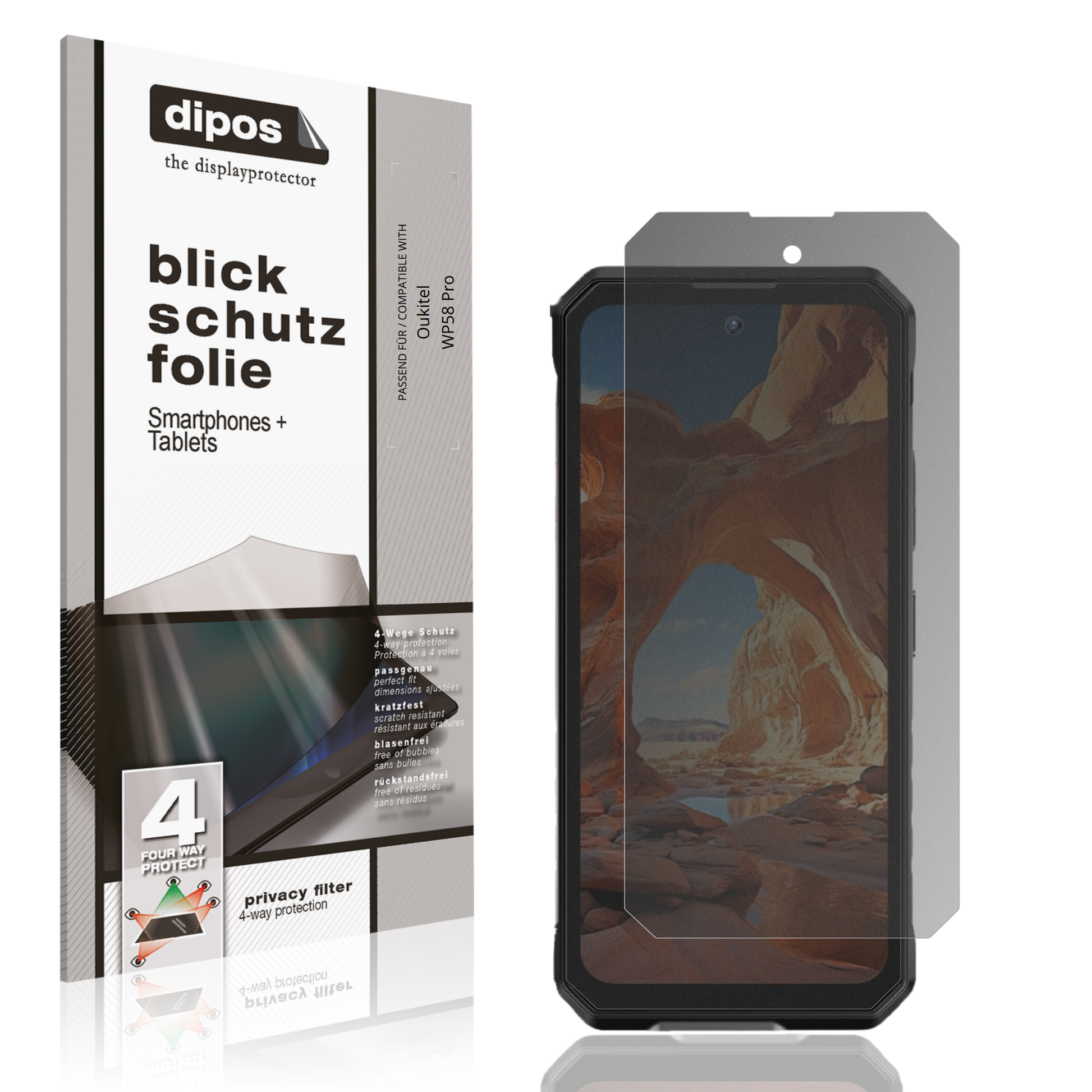 Blickschutzfolie von dipos passend für Oukitel WP58 Pro, präziser Zuschnitt und blasenfrei montiert