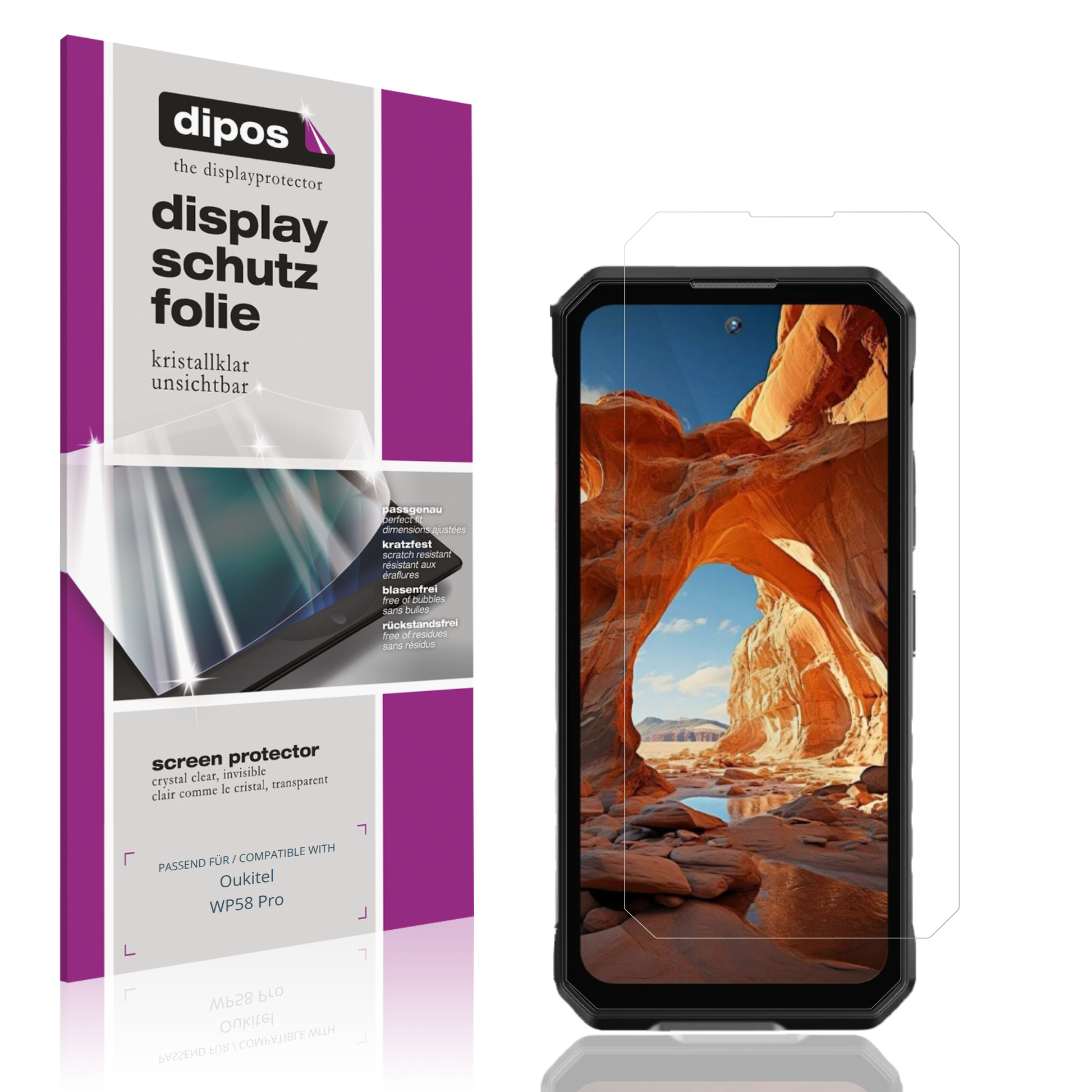 Klare Displayschutzfolie von dipos passend für Oukitel WP58 Pro, präziser Zuschnitt und blasenfrei montiert