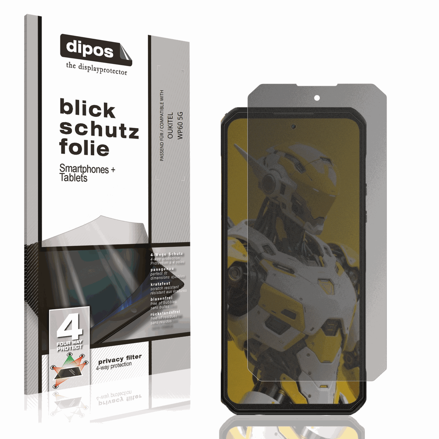 Blickschutzfolie von dipos passend für OUKITEL WP60 5G, präziser Zuschnitt und blasenfrei montiert