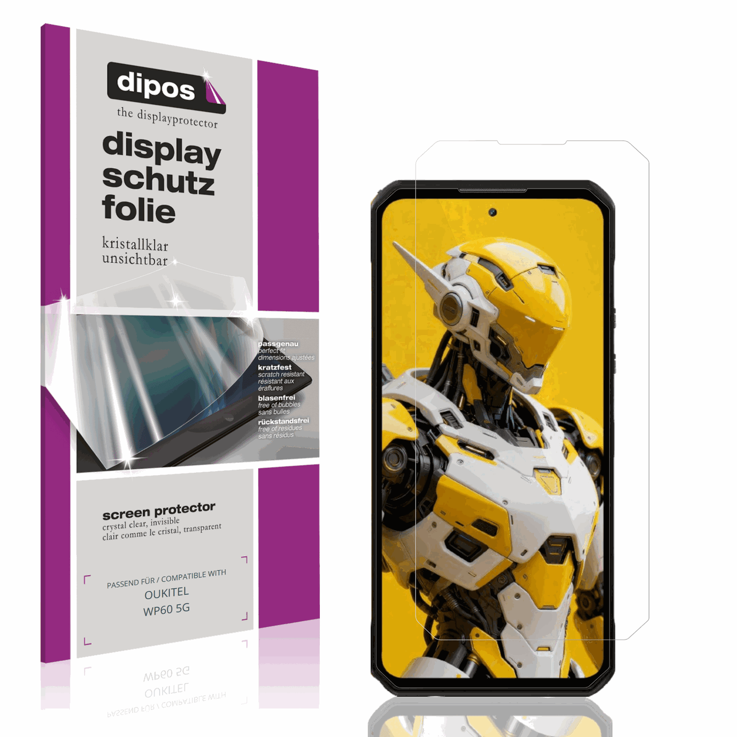 Klare Displayschutzfolie von dipos passend für OUKITEL WP60 5G, präziser Zuschnitt und blasenfrei montiert
