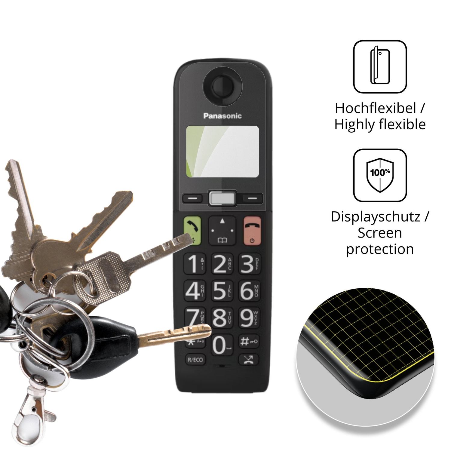dipos Displayschutz für Panasonic KX-TGU130, transparente Oberfläche, perfekte Passform auch für die Rundungen