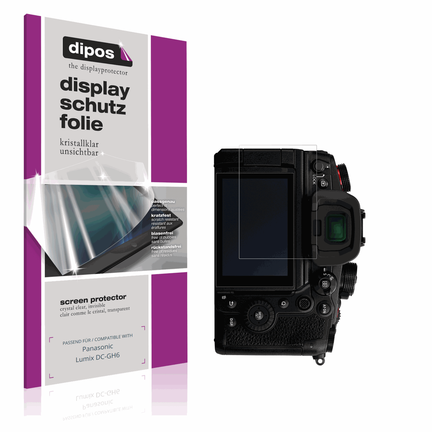 Klare Displayschutzfolie von dipos passend für Panasonic Lumix DC-GH6, präziser Zuschnitt und blasenfrei montiert