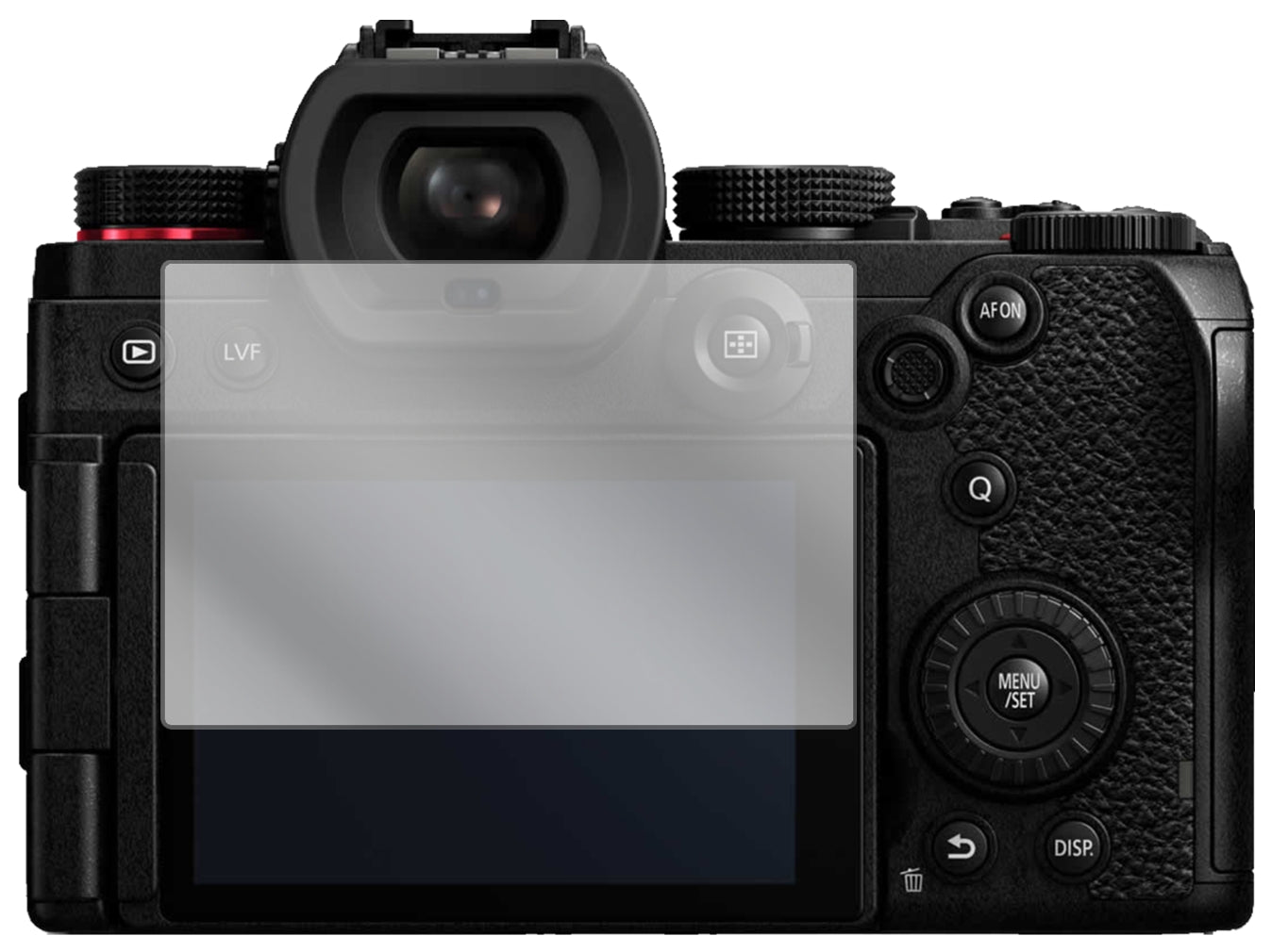 PanasonicLumix DC-S5 mit aufgebrachter dipos Displayschutzfolie, glasklare Darstellung ohne Einschränkungen