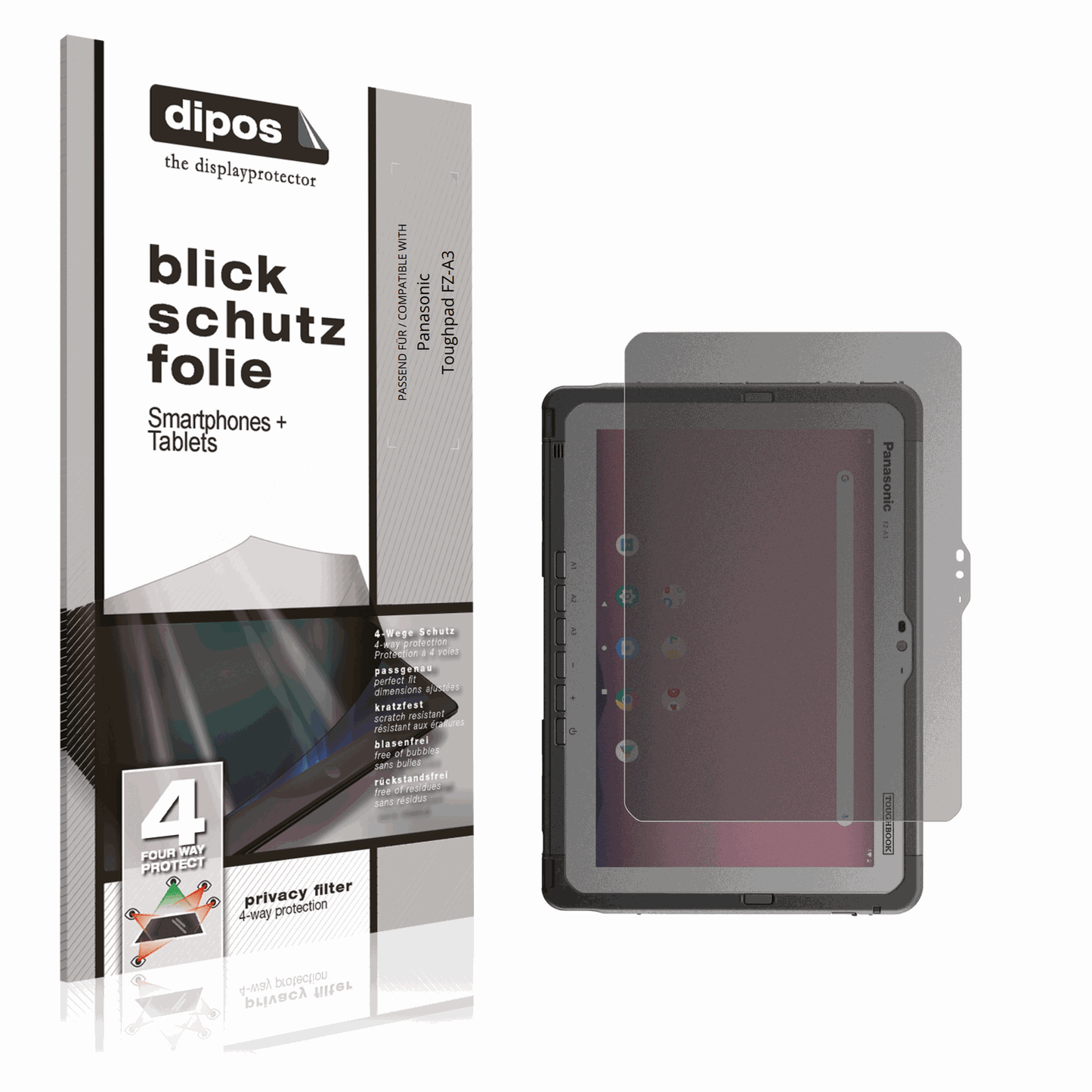 Blickschutzfolie von dipos passend für Panasonic Toughpad FZ-A3, präziser Zuschnitt und blasenfrei montiert