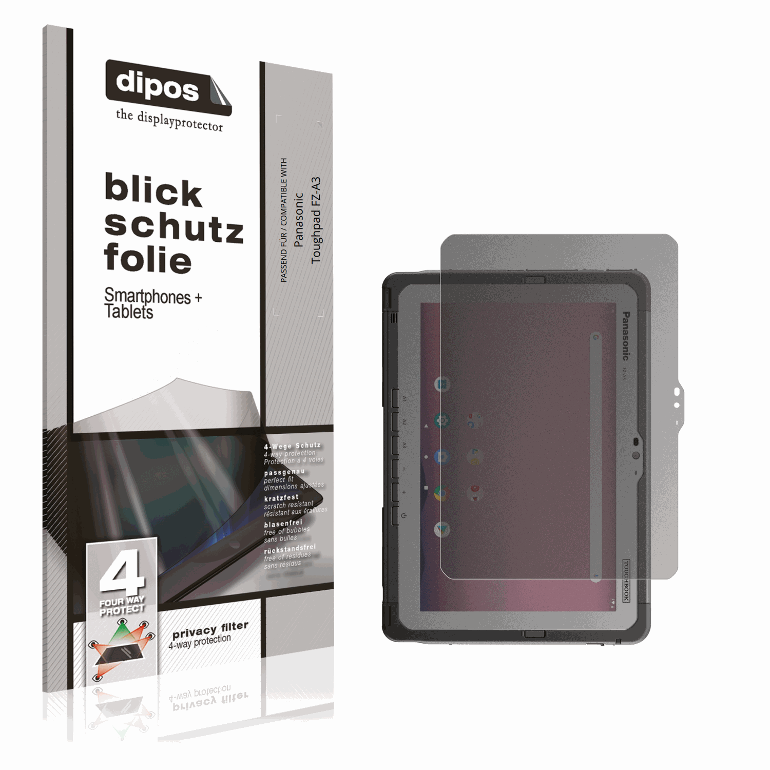 Blickschutzfolie von dipos passend für Panasonic Toughpad FZ-A3, präziser Zuschnitt und blasenfrei montiert