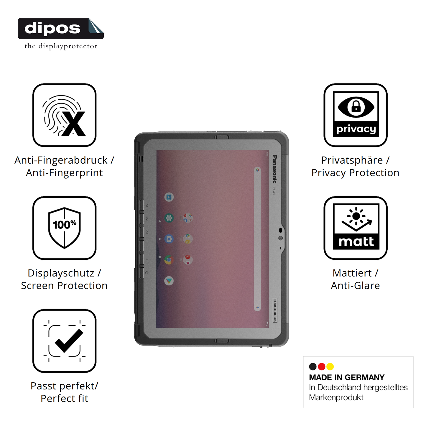 Privatsphäre-Schutz durch Sichtschutz-Folie passend zugeschnitten für Panasonic Toughpad FZ-A3