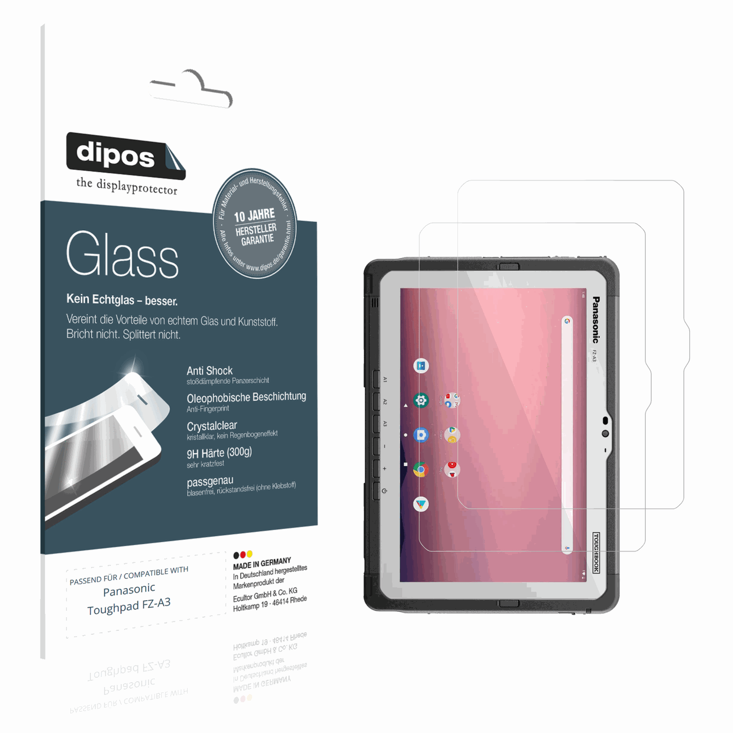 Klare Displayschutzfolie von dipos passend für Panasonic Toughpad FZ-A3, 9H kratzfest und blasenfrei montiert