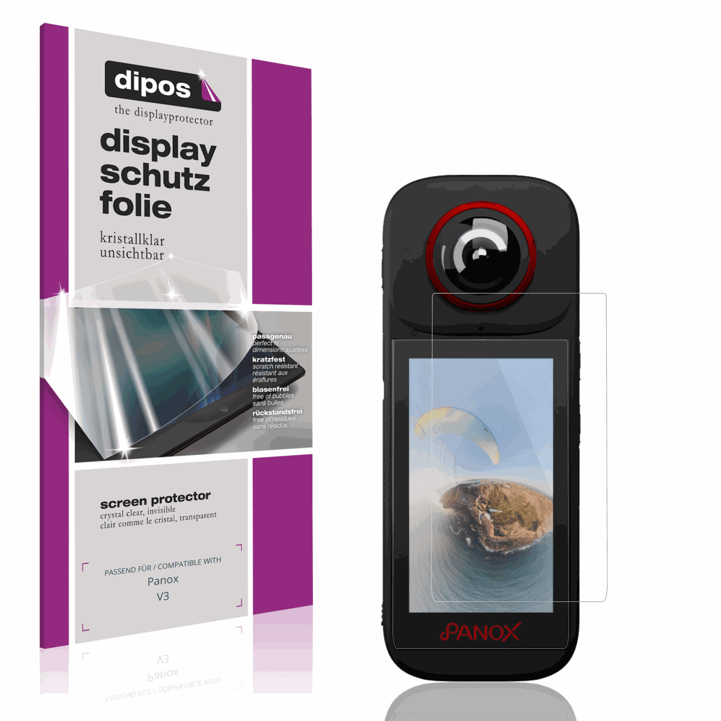 Klare Displayschutzfolie von dipos passend für Panox V3, präziser Zuschnitt und blasenfrei montiert