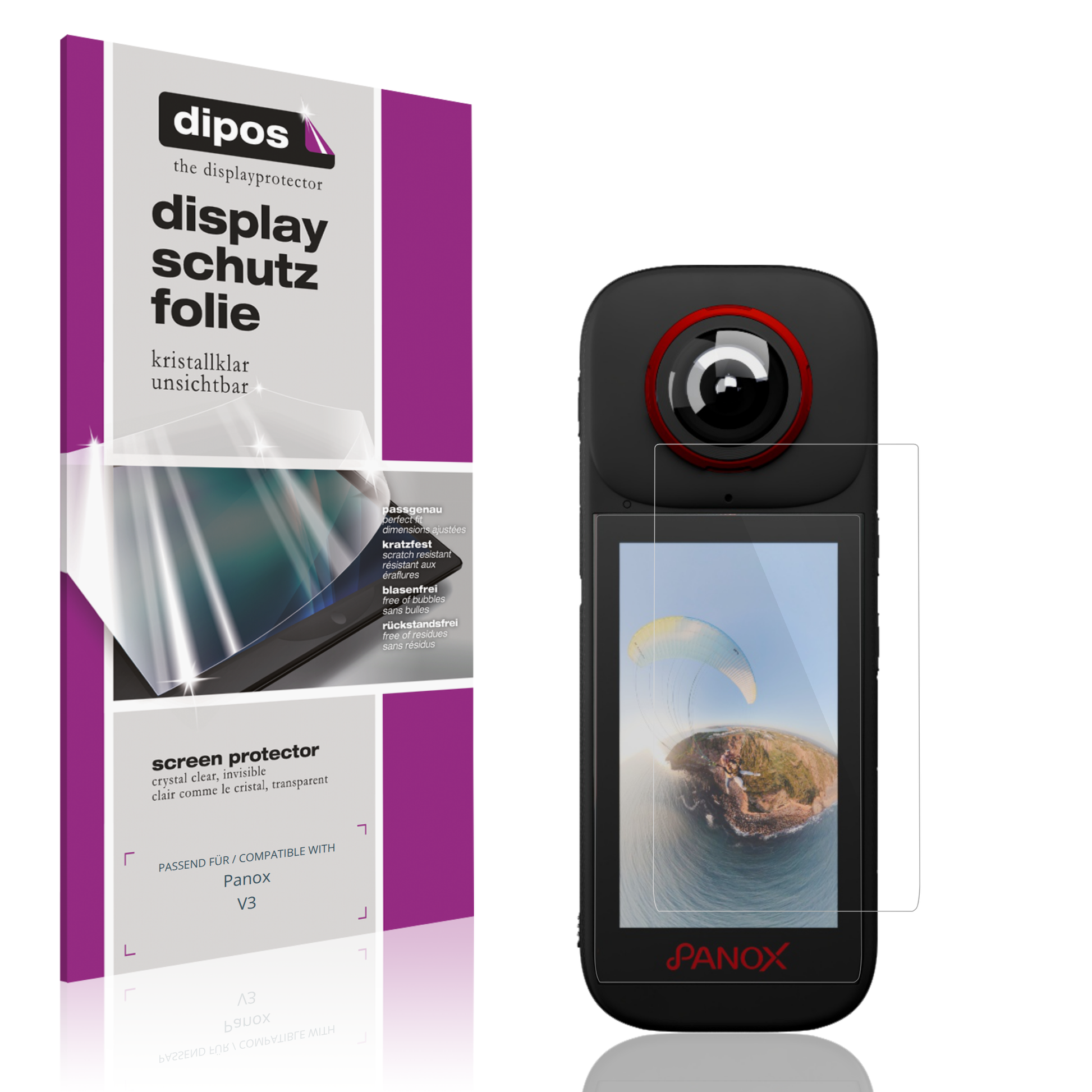 Klare Displayschutzfolie von dipos passend für Panox V3, präziser Zuschnitt und blasenfrei montiert