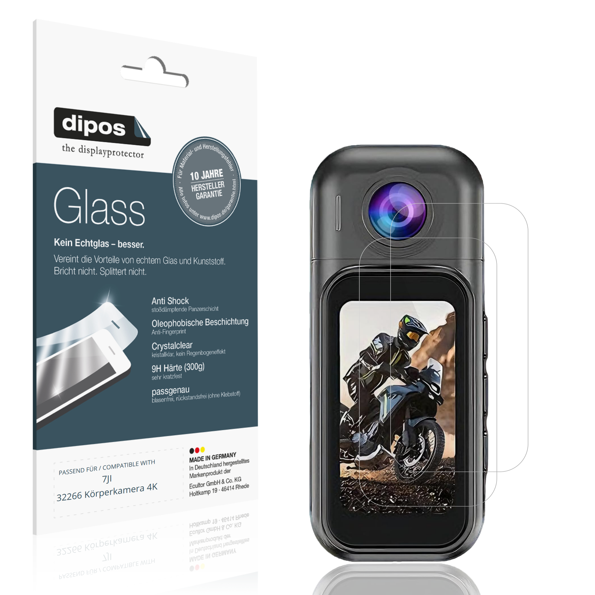 Klare Displayschutzfolie von dipos passend für 7JI 32266 Körperkamera 4K, 9H kratzfest und blasenfrei montiert