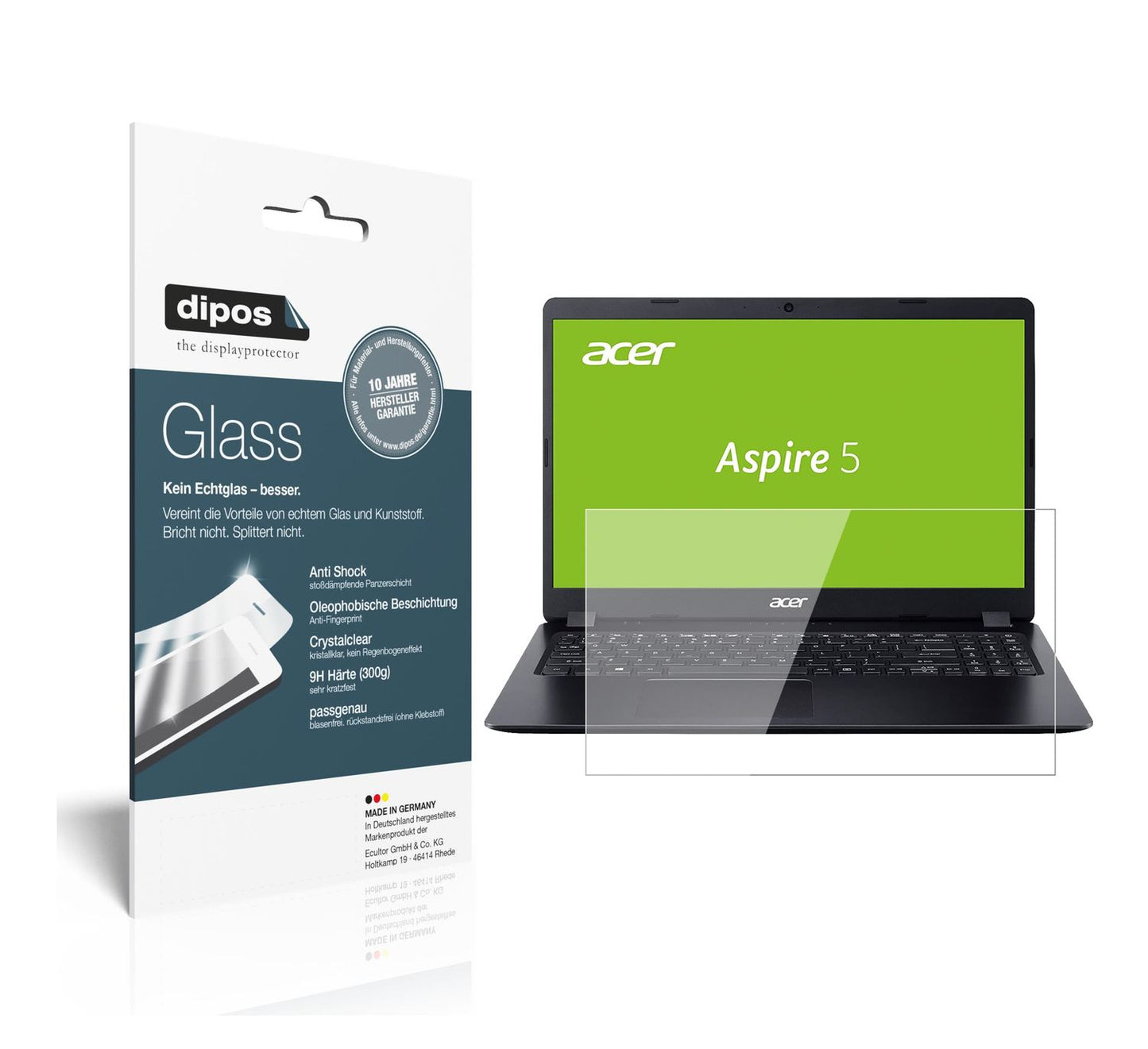 Klare Displayschutzfolie von dipos passend für Acer Aspire 5 (A515-52G-74VJ), 9H kratzfest und blasenfrei montiert