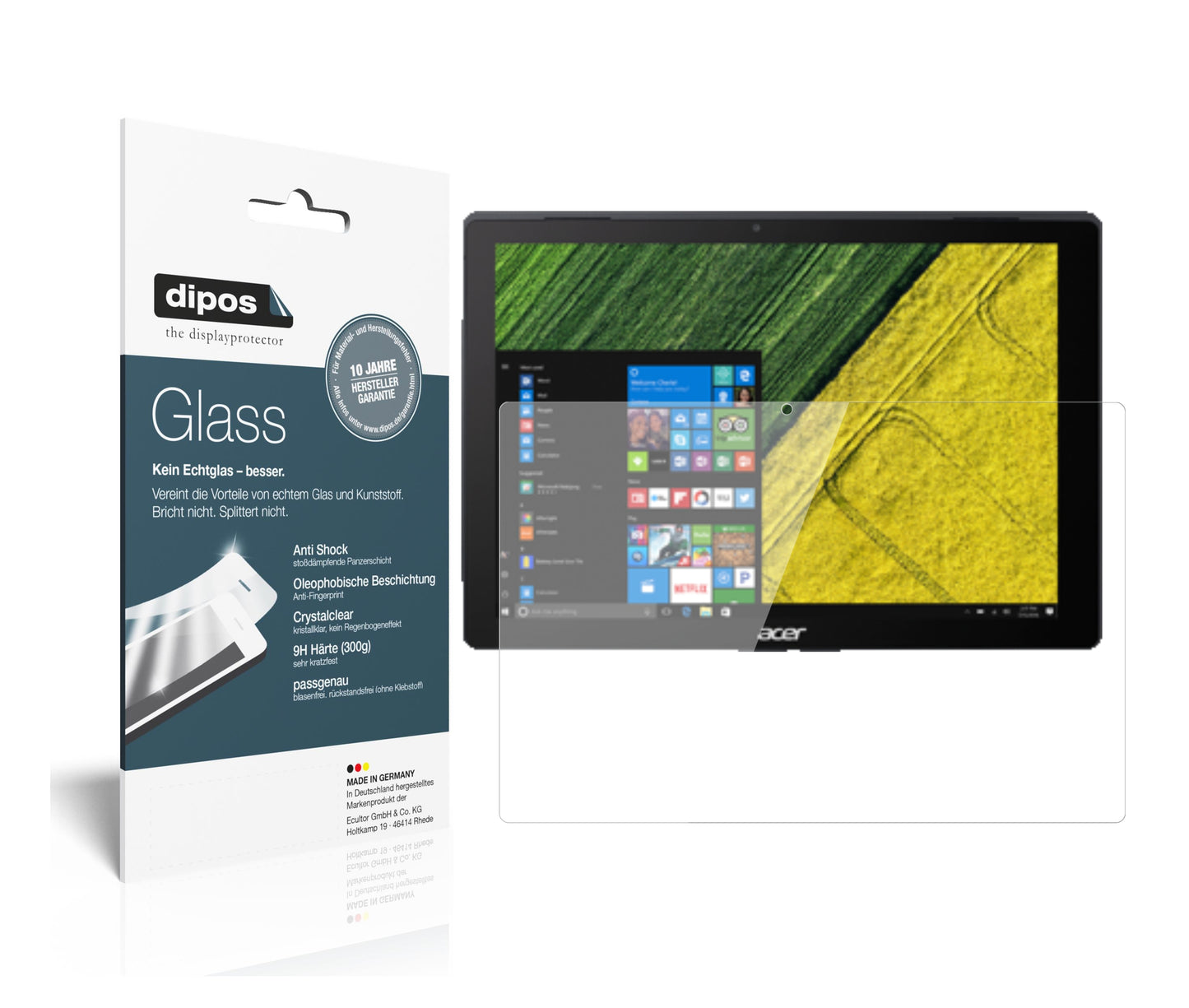 Klare Displayschutzfolie von dipos passend für Acer Switch 5 Pro SW512-52P, 9H kratzfest und blasenfrei montiert