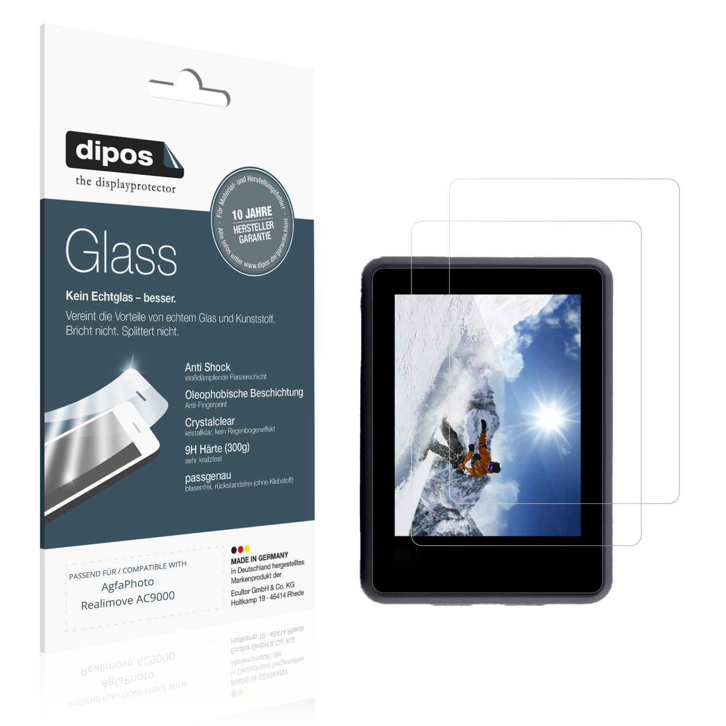 Klare Displayschutzfolie von dipos passend für AgfaPhoto Realimove AC9000, 9H kratzfest und blasenfrei montiert