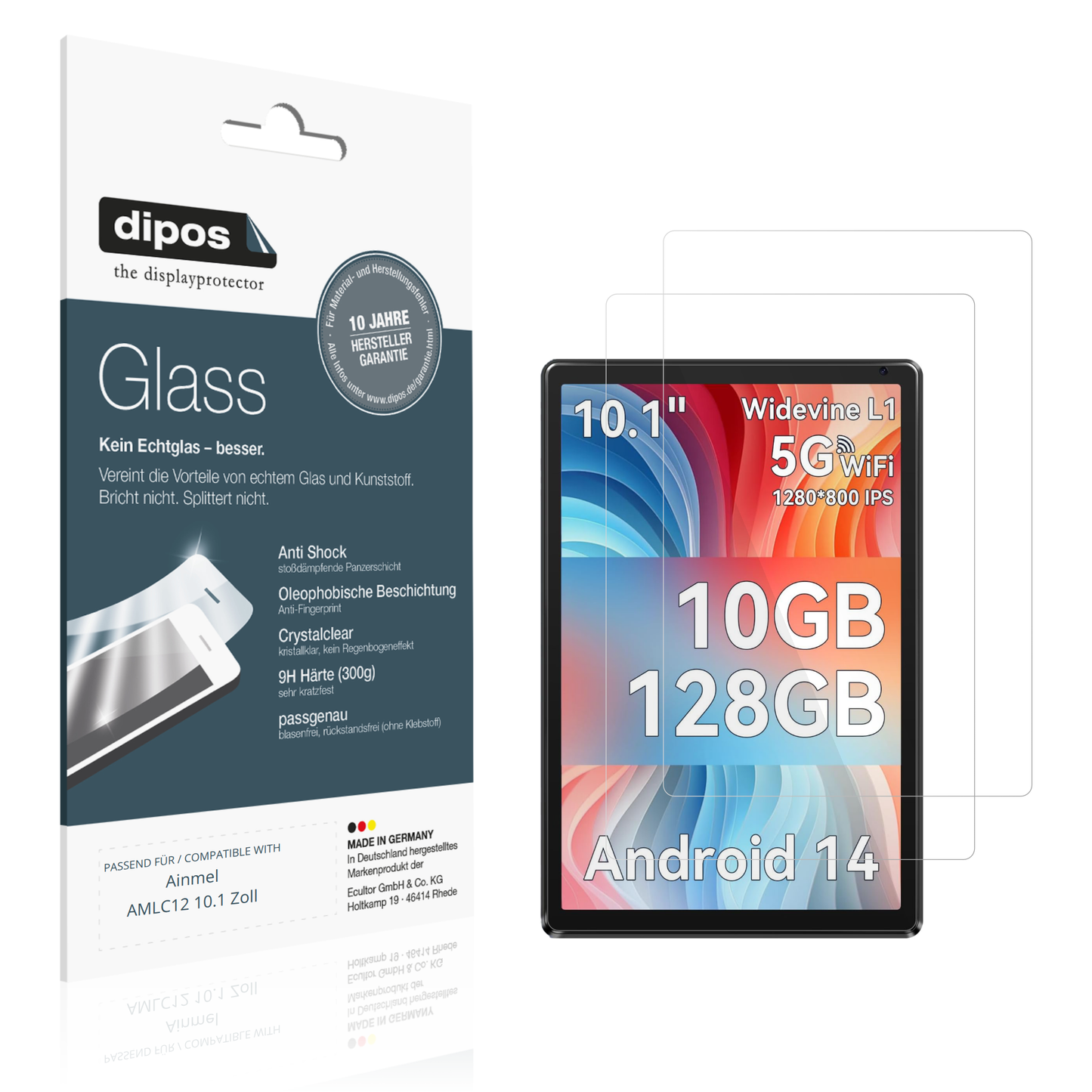 Klare Displayschutzfolie von dipos passend für Ainmel AMLC12 10.1 Zoll, 9H kratzfest und blasenfrei montiert