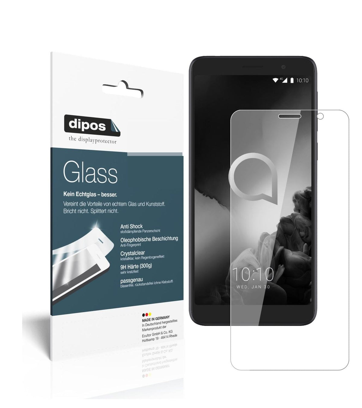 Klare Displayschutzfolie von dipos passend für Alcatel 1C (2019), 9H kratzfest und blasenfrei montiert