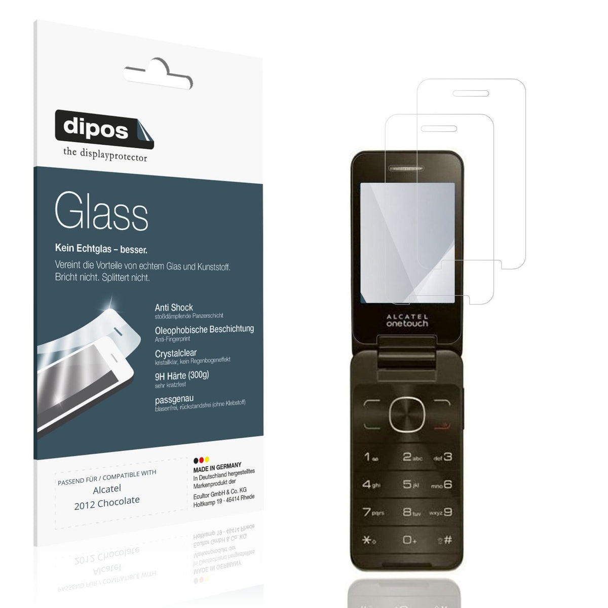Klare Displayschutzfolie von dipos passend für Alcatel 2012 Chocolate, 9H kratzfest und blasenfrei montiert