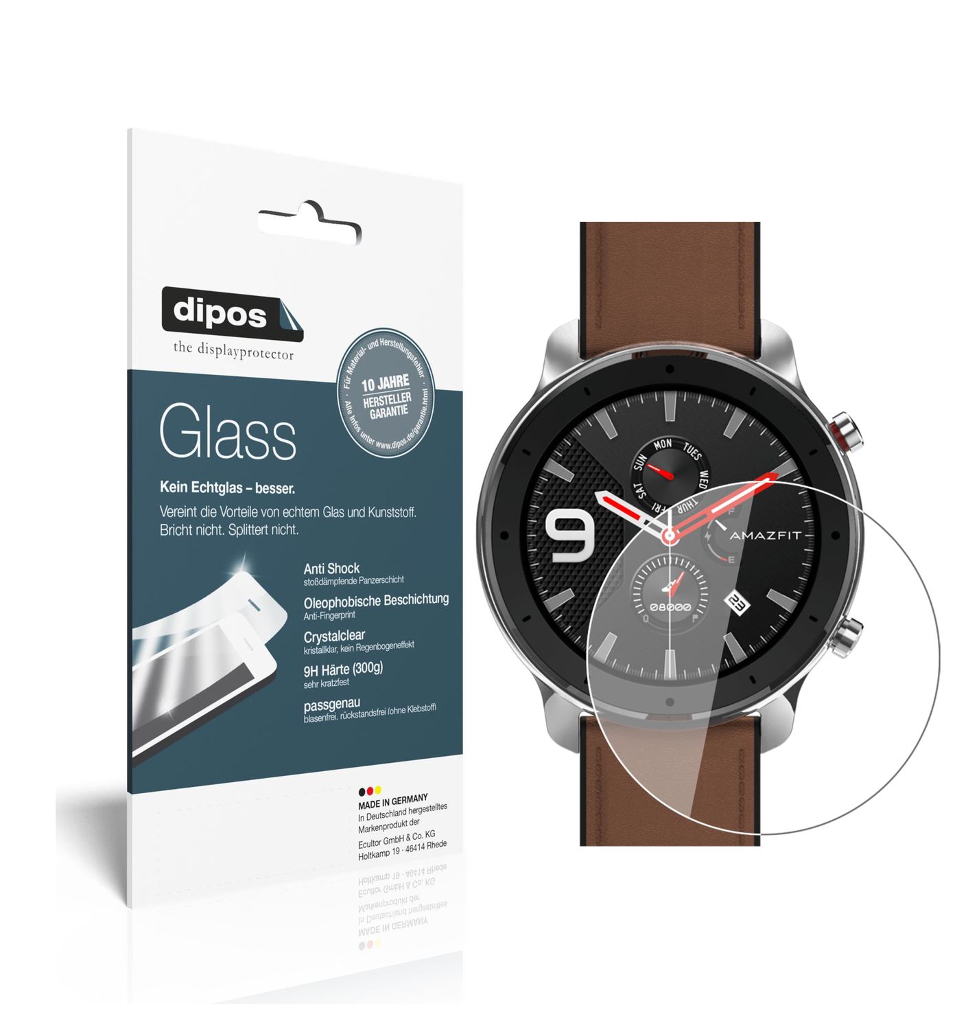 Klare Displayschutzfolie von dipos passend für Amazfit GTR 47mm Smartwatch, 9H kratzfest und blasenfrei montiert
