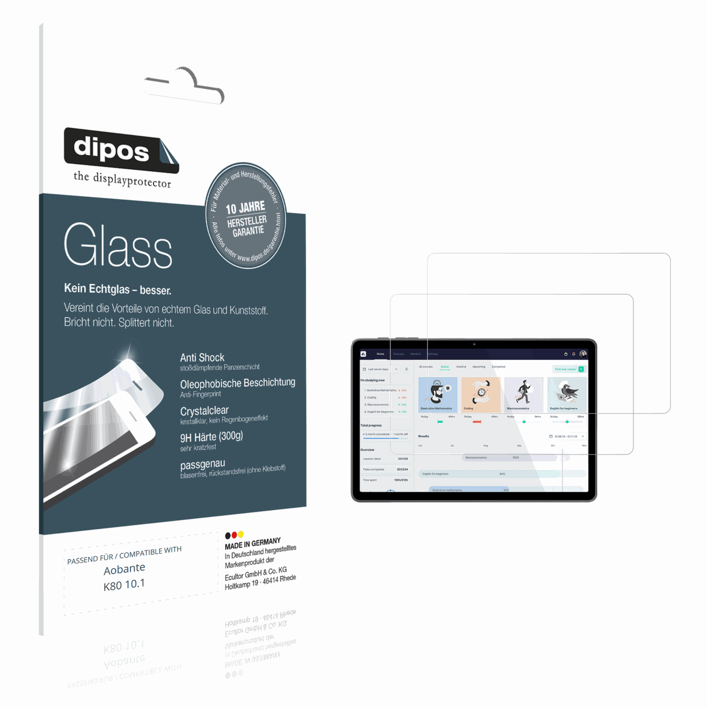 Klare Displayschutzfolie von dipos passend für Aobante K80 10.1, 9H kratzfest und blasenfrei montiert