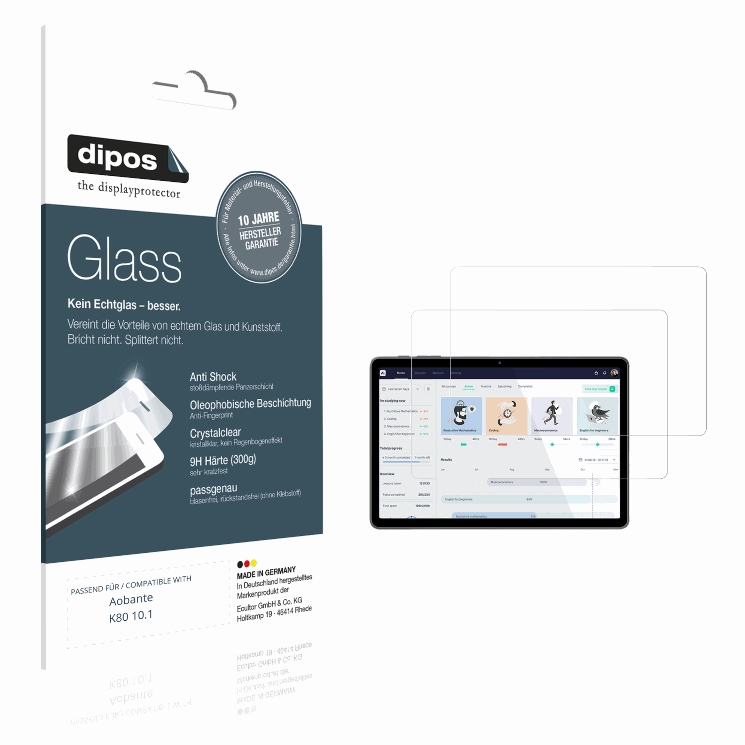 Klare Displayschutzfolie von dipos passend für Aobante K80 10.1, 9H kratzfest und blasenfrei montiert