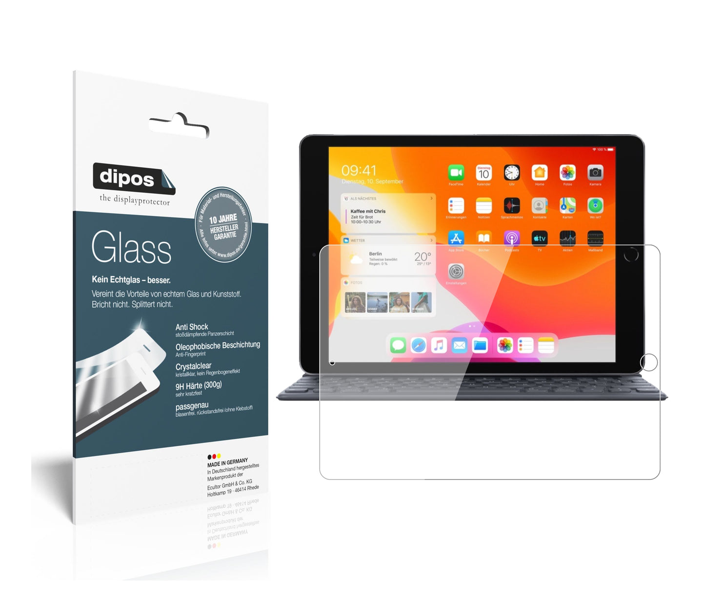 Klare Displayschutzfolie von dipos passend für Apple iPad 10.2 Zoll (2019), 9H kratzfest und blasenfrei montiert