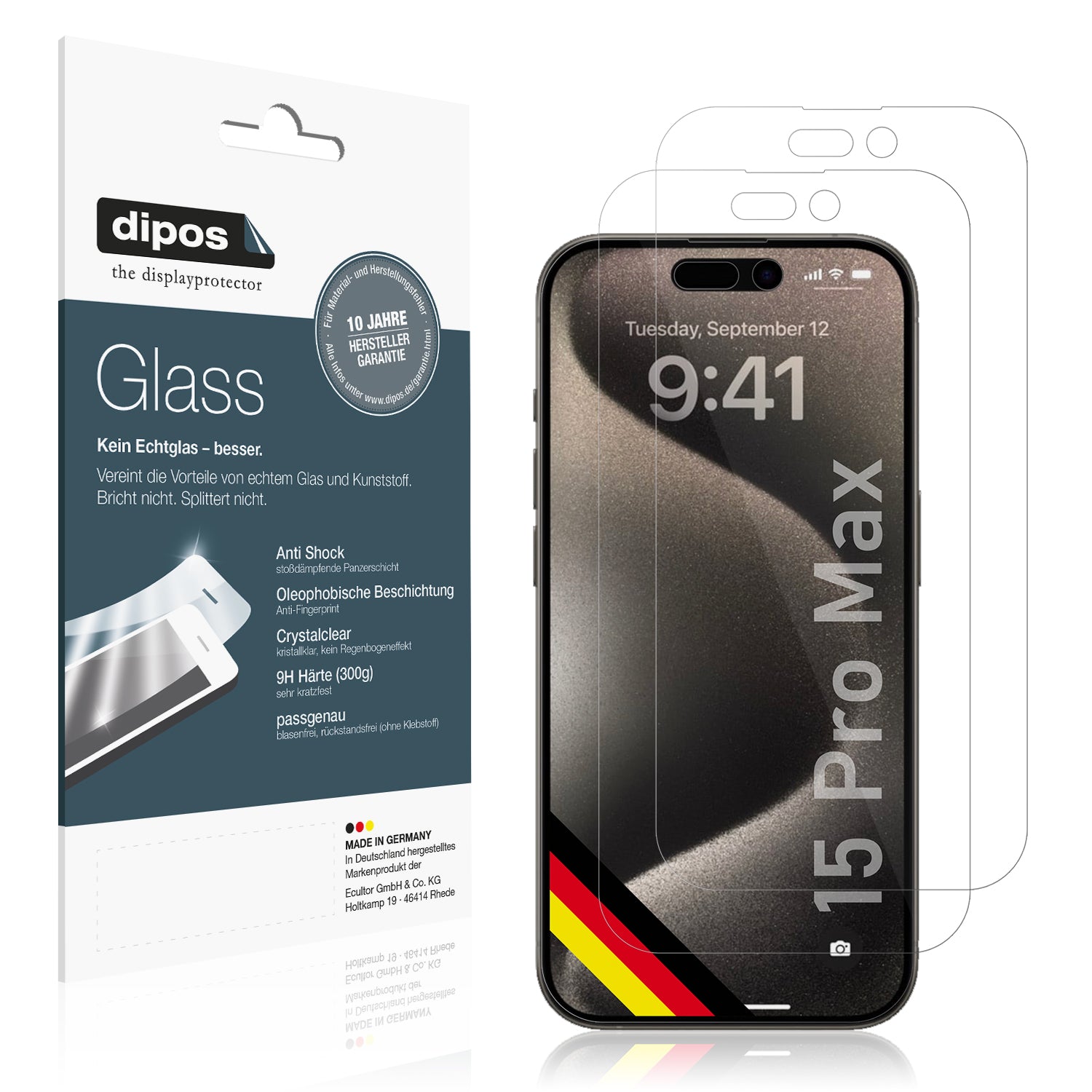 Klare Displayschutzfolie von dipos passend für Apple iPhone 15 Pro Max, 9H kratzfest und blasenfrei montiert