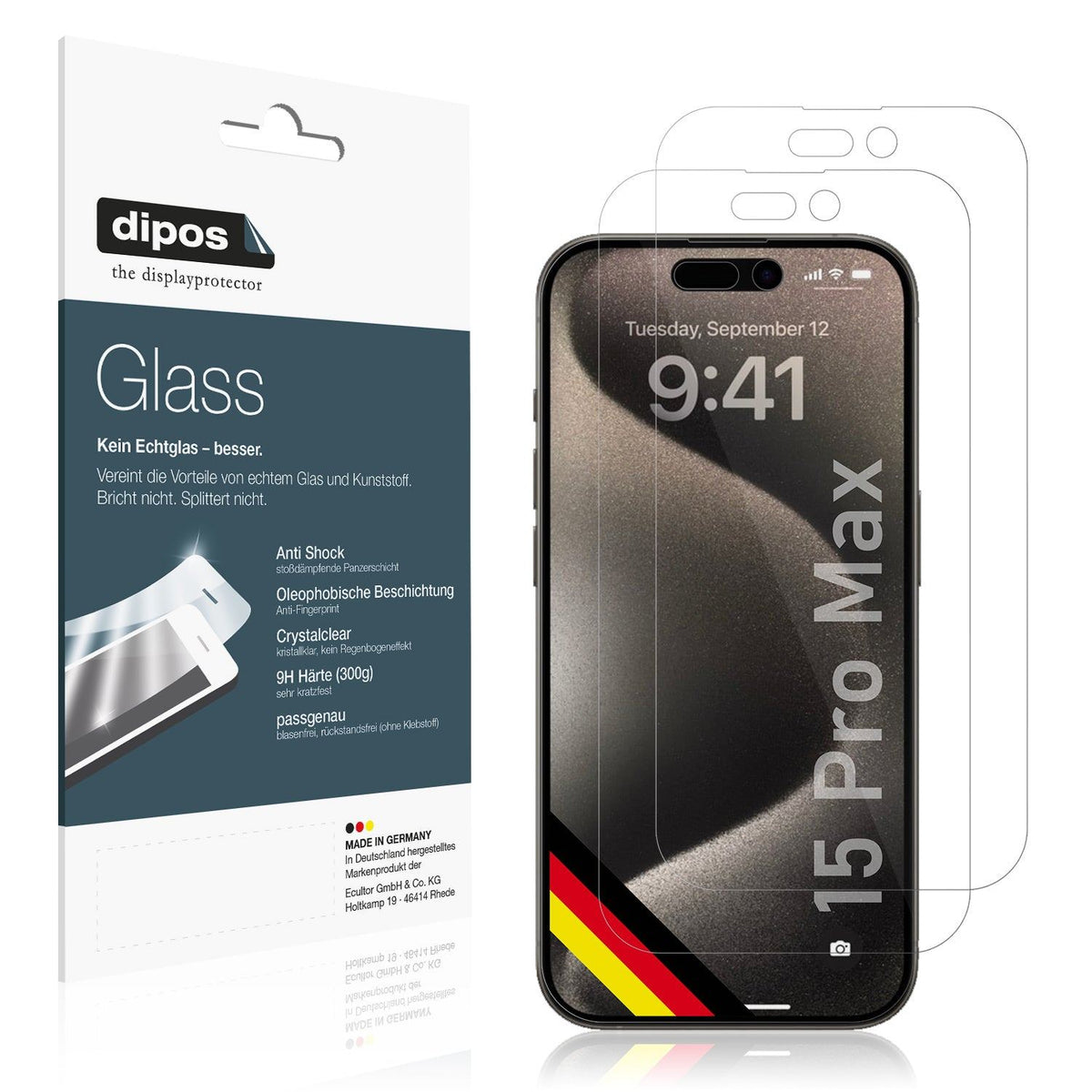 Klare Displayschutzfolie von dipos passend für Apple iPhone 15 Pro Max, 9H kratzfest und blasenfrei montiert