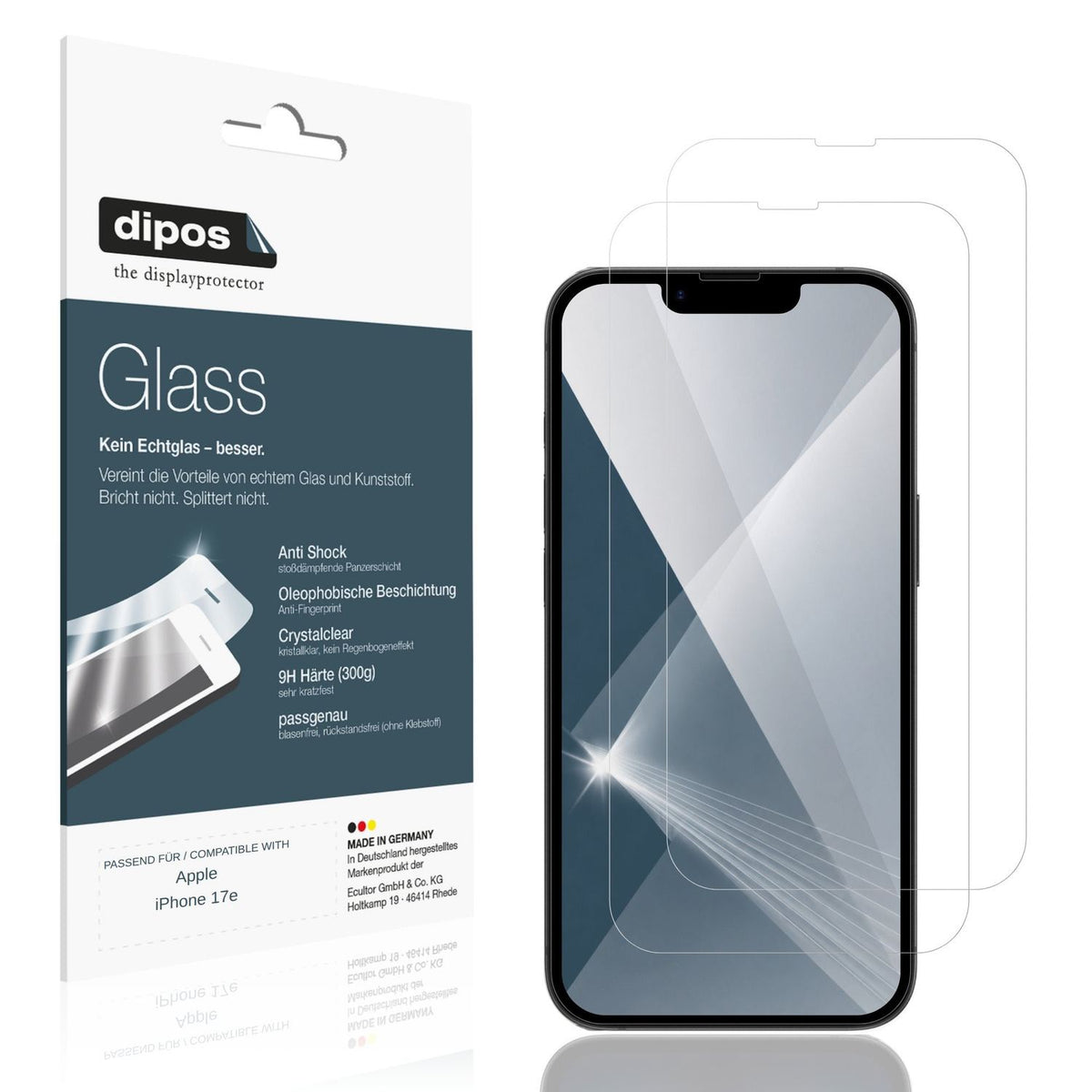 Klare Displayschutzfolie von dipos passend f�r Apple iPhone 17e, 9H kratzfest und blasenfrei montiert