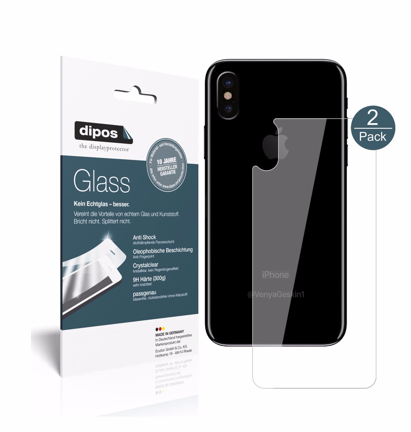 Klare Displayschutzfolie von dipos passend für Apple iPhone X Rückseite, 9H kratzfest und blasenfrei montiert
