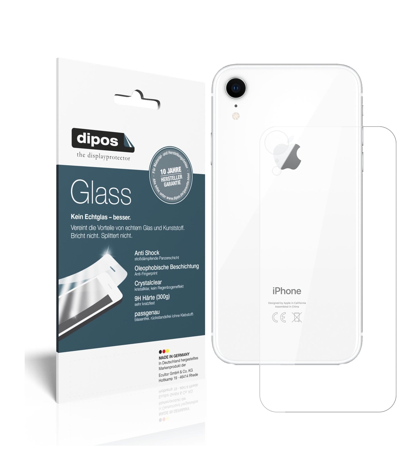 Klare Displayschutzfolie von dipos passend für Apple iPhone XR Rückseite, 9H kratzfest und blasenfrei montiert