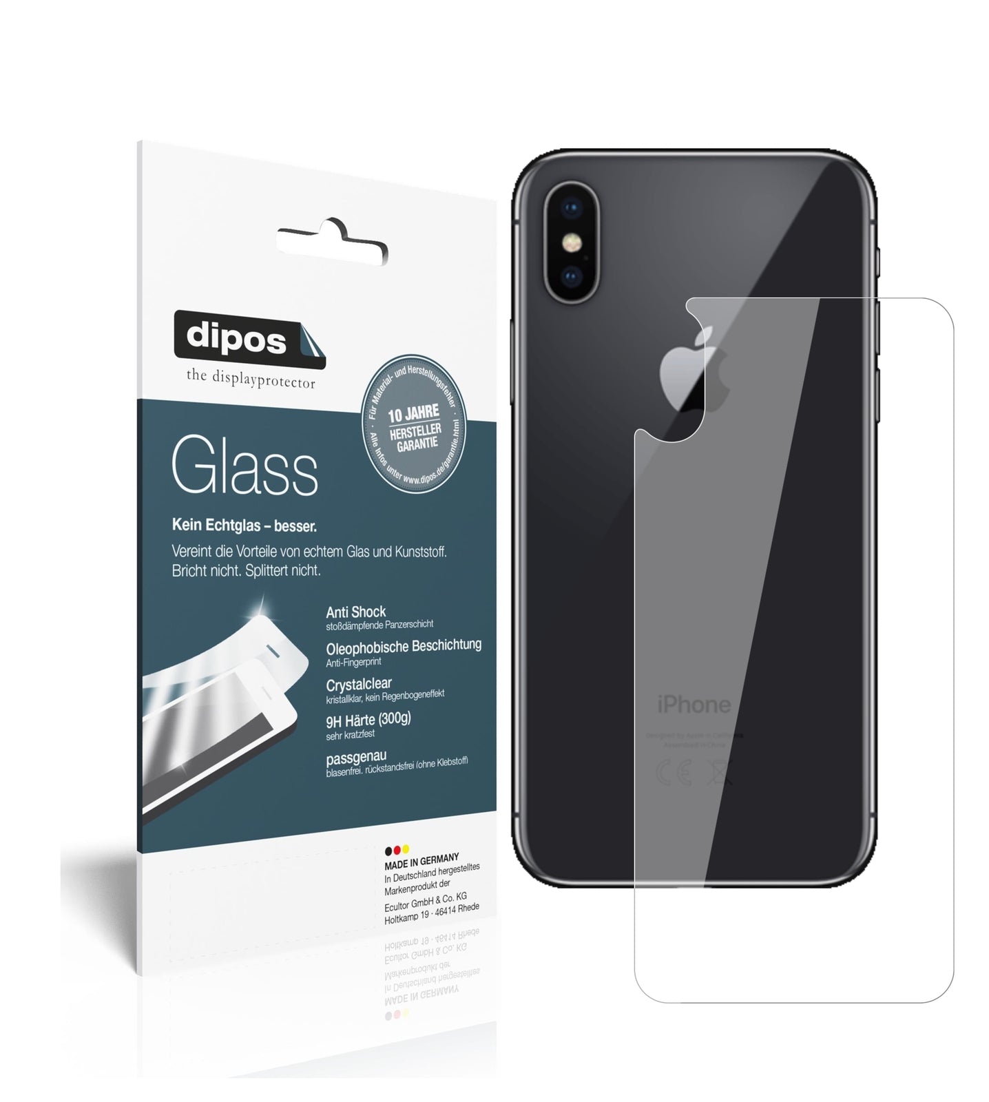 Klare Displayschutzfolie von dipos passend für Apple iPhone XS Rückseite, 9H kratzfest und blasenfrei montiert