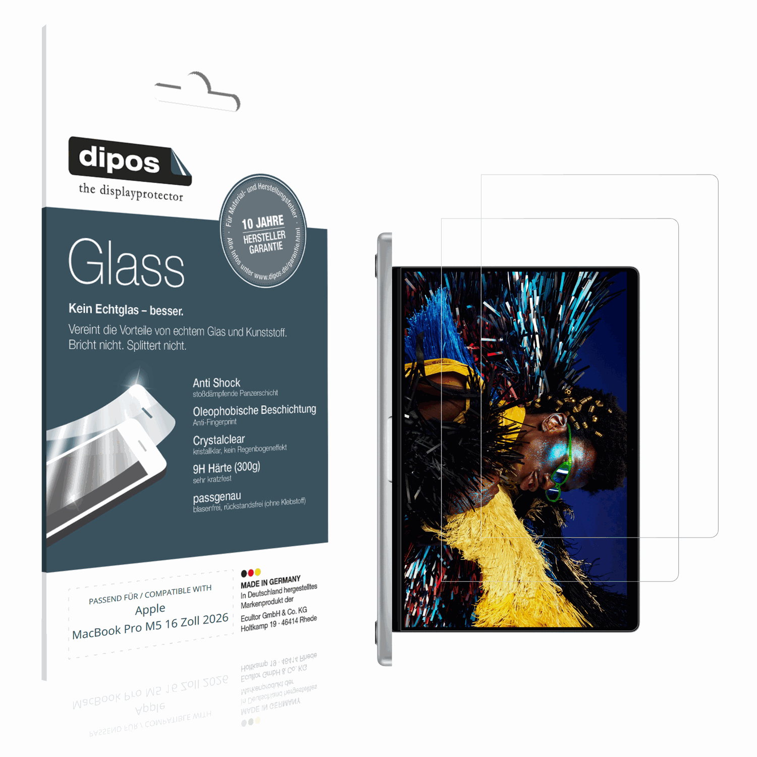 Klare Displayschutzfolie von dipos passend für Apple MacBook Pro M5 16 Zoll 2026, 9H kratzfest und blasenfrei montiert