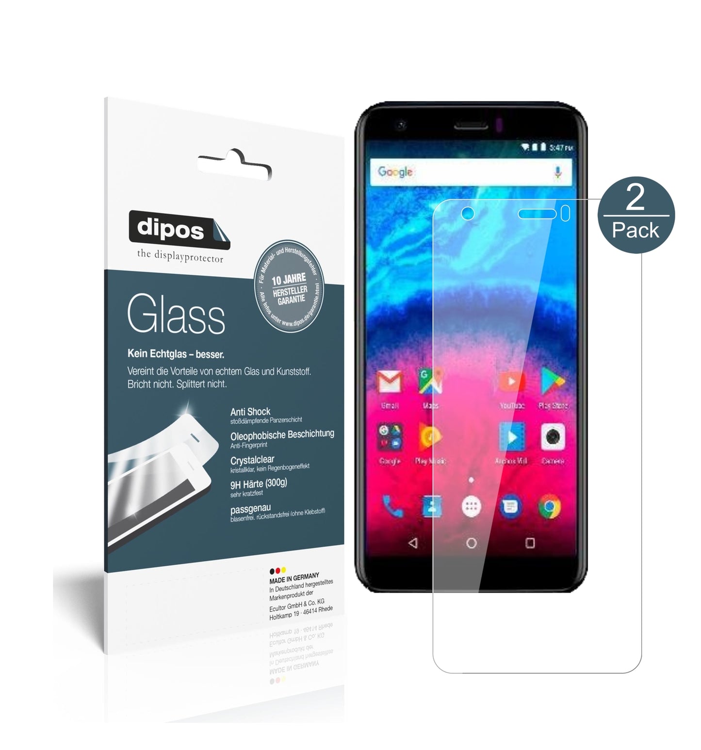 Klare Displayschutzfolie von dipos passend für Archos Core 55S, 9H kratzfest und blasenfrei montiert