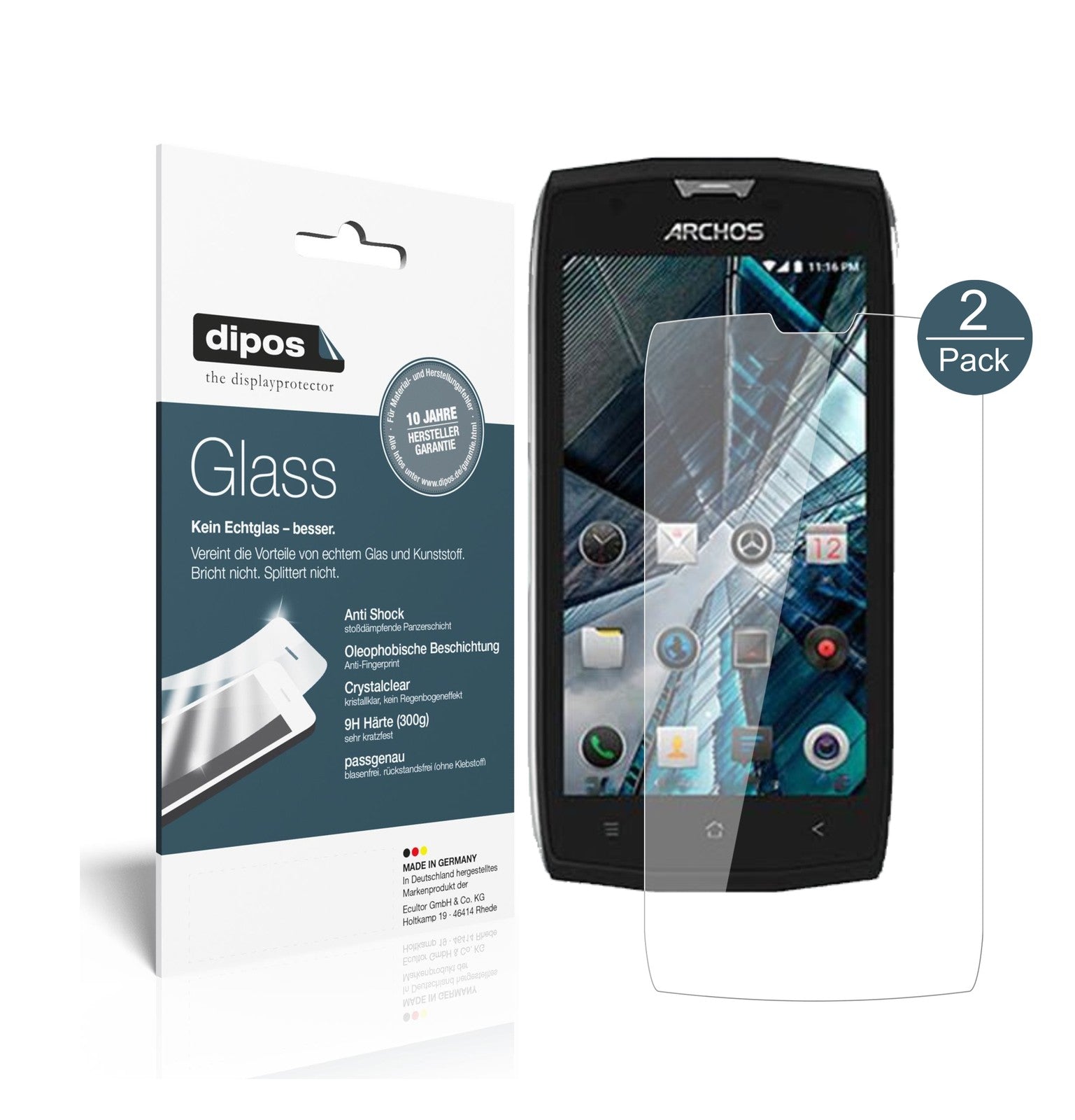 Klare Displayschutzfolie von dipos passend für Archos Sense 50 X, 9H kratzfest und blasenfrei montiert