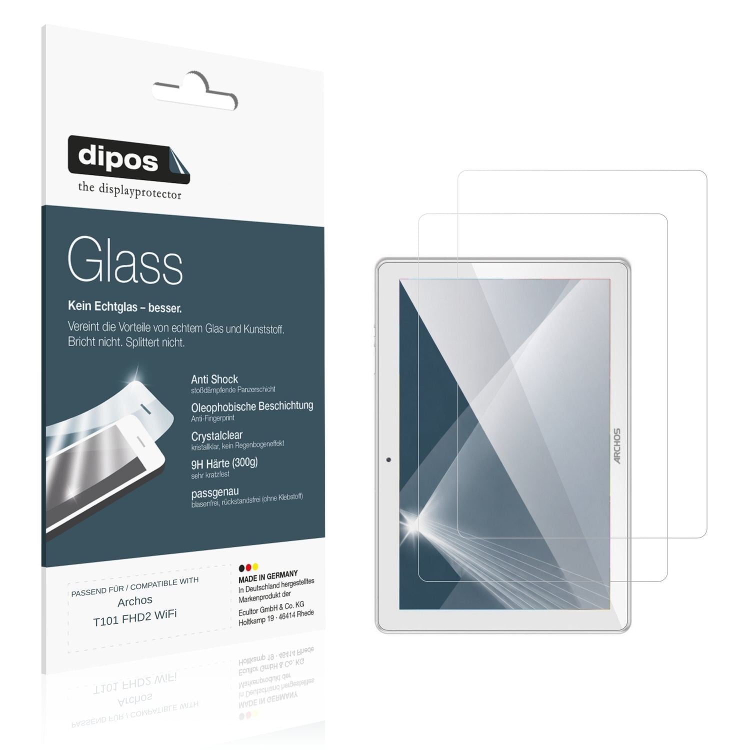 Klare Displayschutzfolie von dipos passend für Archos T101 FHD2 WiFi, 9H kratzfest und blasenfrei montiert