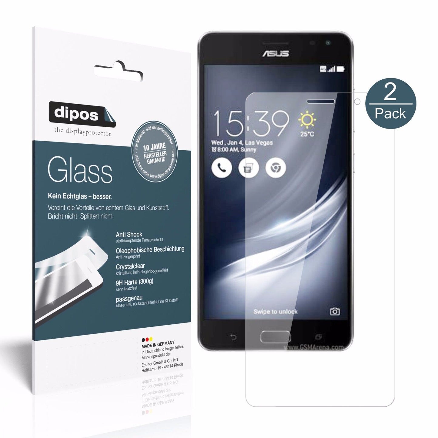 Klare Displayschutzfolie von dipos passend für Asus ZenFone AR, 9H kratzfest und blasenfrei montiert